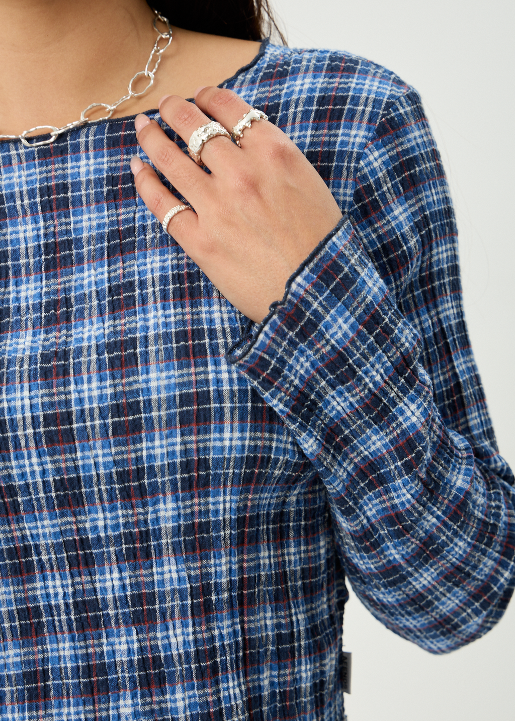 AFENDS Womens Mountains - Seersucker Long Sleeve Top - Navy Red Check