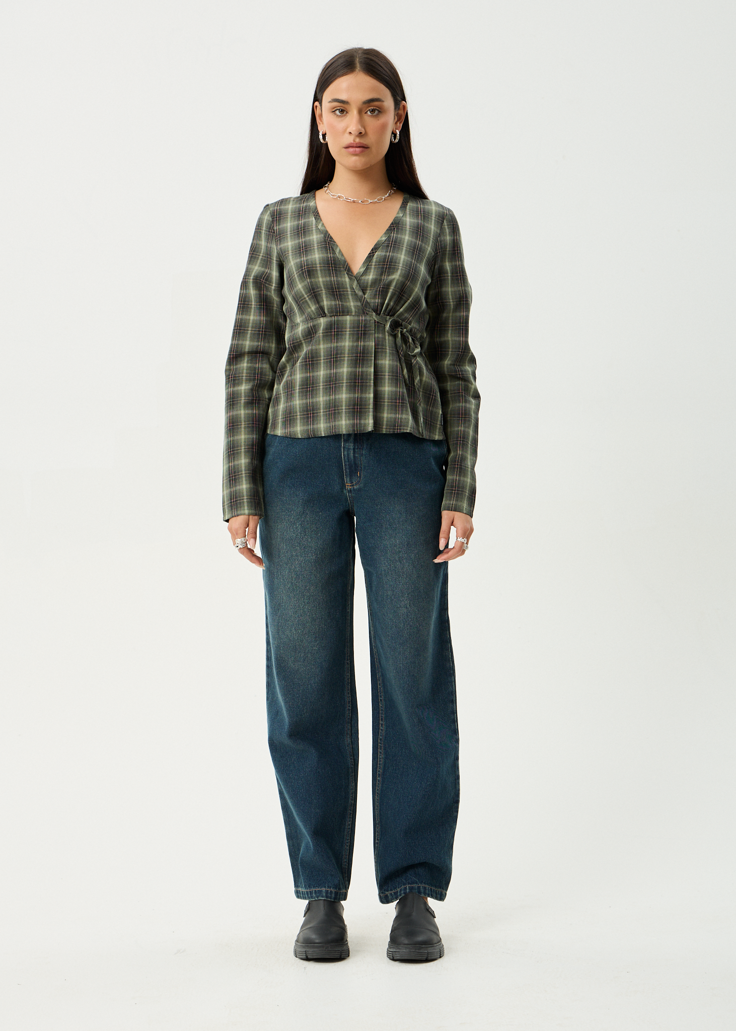 AFENDS Womens Jonah - Long Sleeve Top - Deep Olive Check