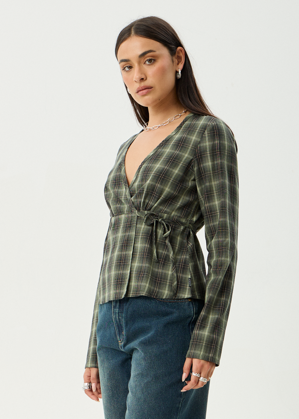 AFENDS Womens Jonah - Long Sleeve Top - Deep Olive Check