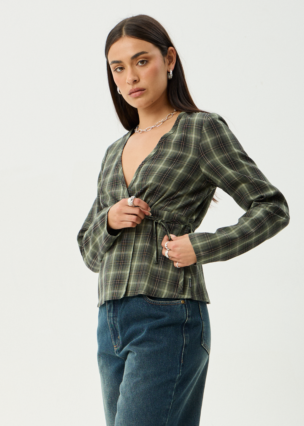 AFENDS Womens Jonah - Long Sleeve Top - Deep Olive Check