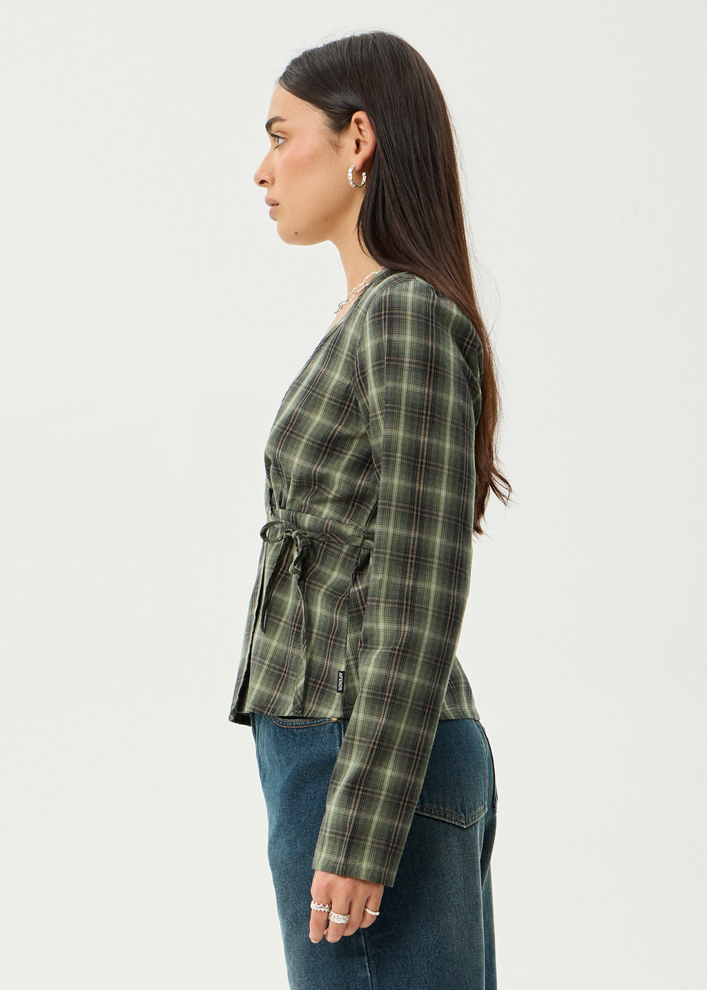 AFENDS Womens Jonah - Long Sleeve Top - Deep Olive Check