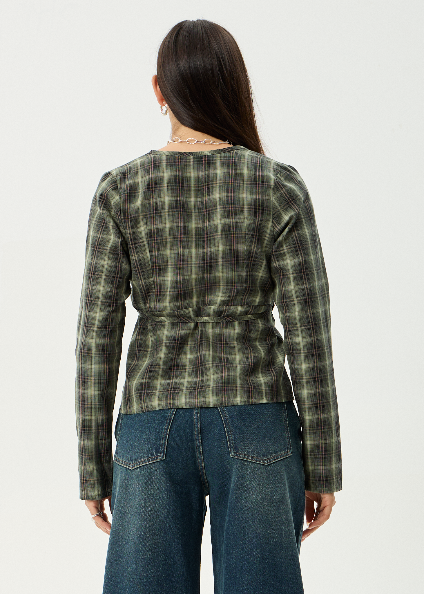 AFENDS Womens Jonah - Long Sleeve Top - Deep Olive Check