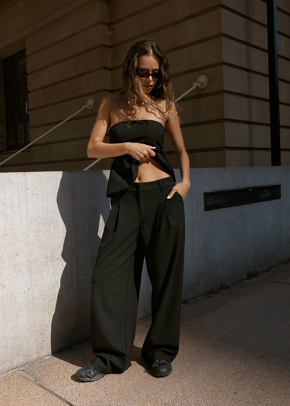 AFENDS Womens Business - Pinstripe Low Rise Trouser - Black