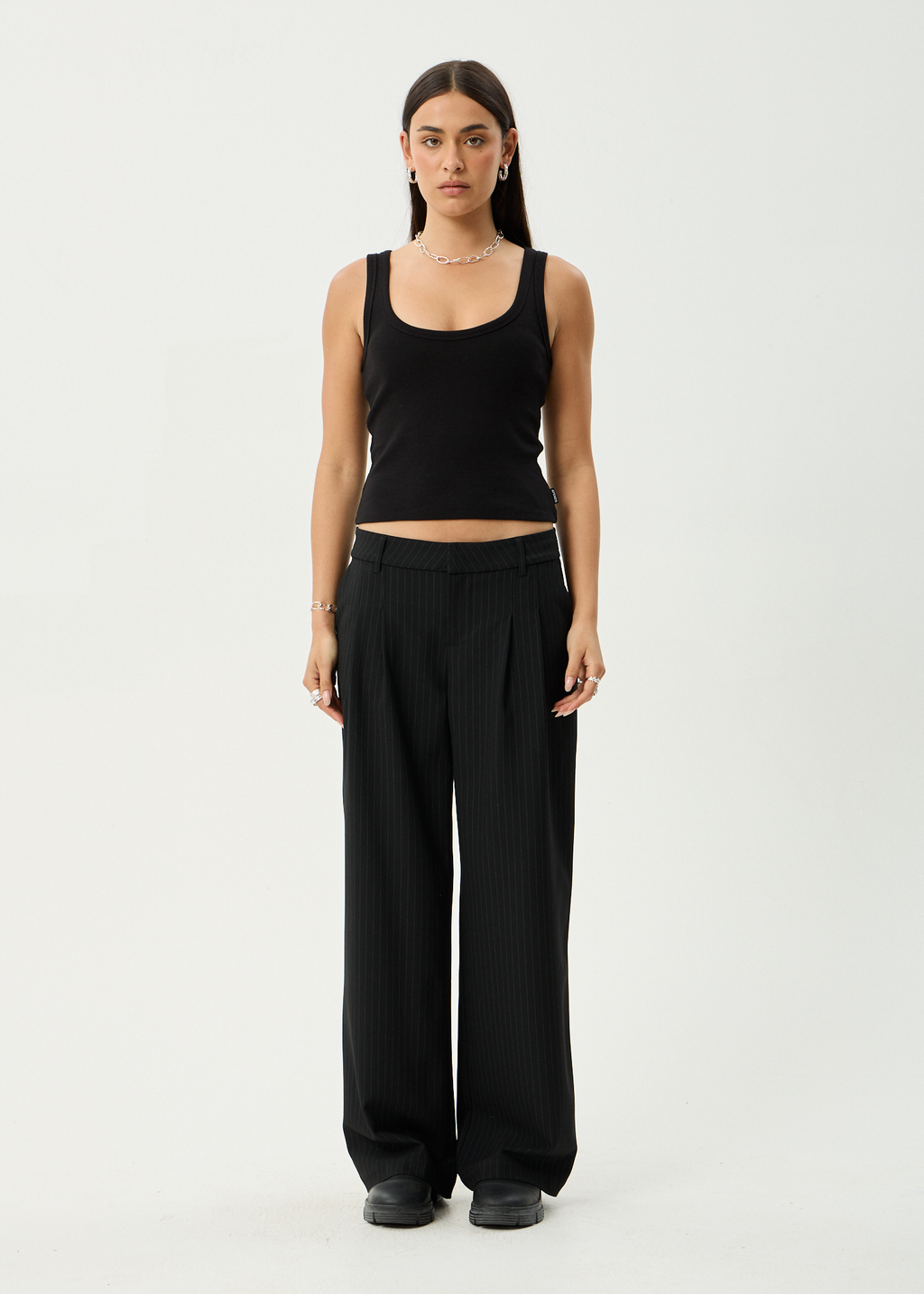 AFENDS Womens Business - Pinstripe Low Rise Trouser - Black