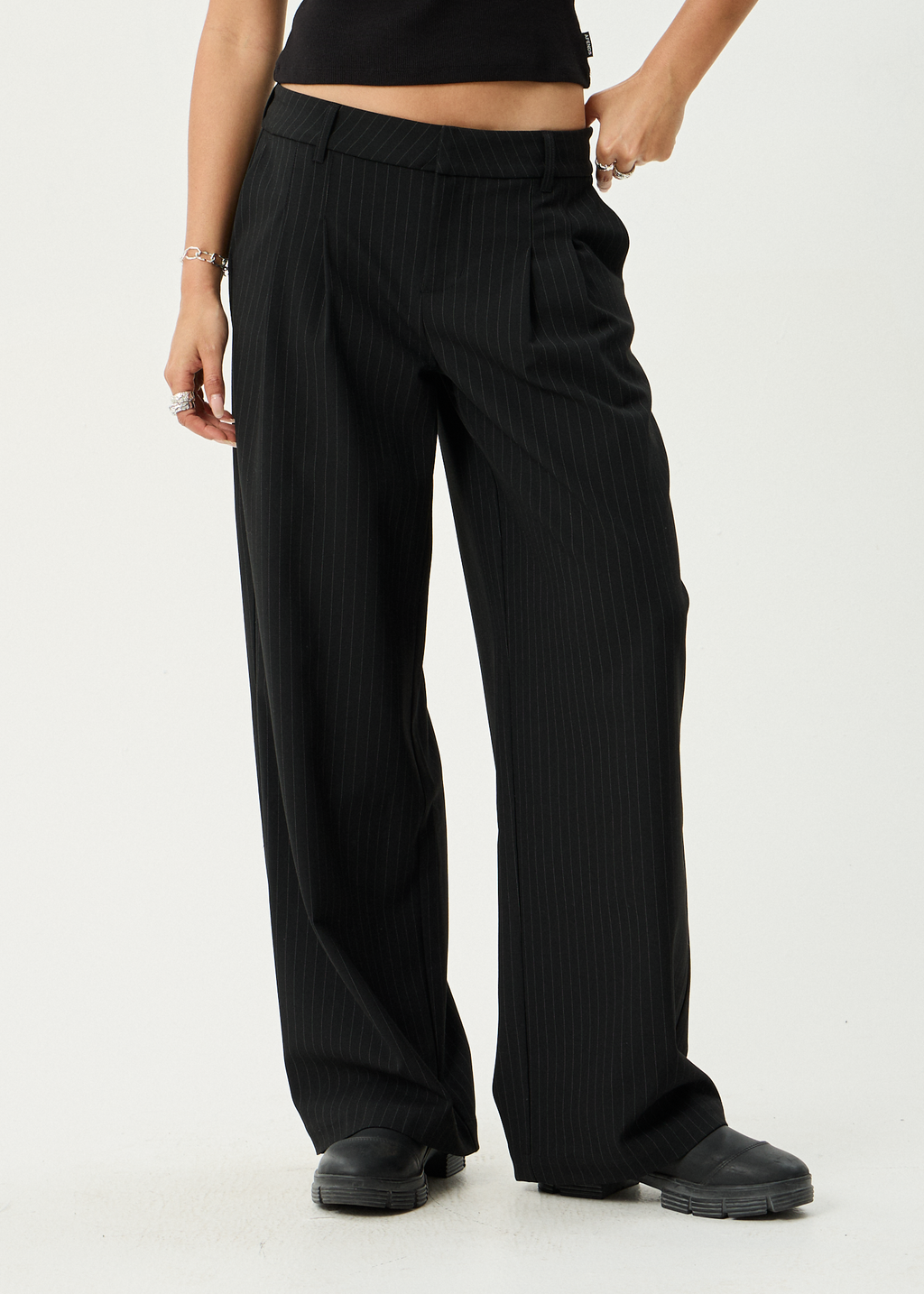 AFENDS Womens Business - Pinstripe Low Rise Trouser - Black