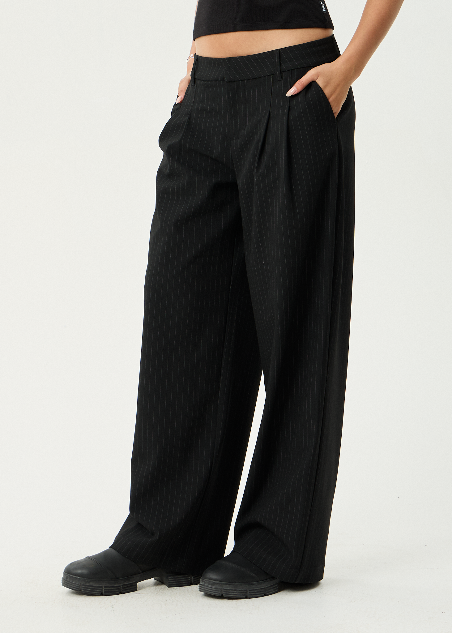 AFENDS Womens Business - Pinstripe Low Rise Trouser - Black