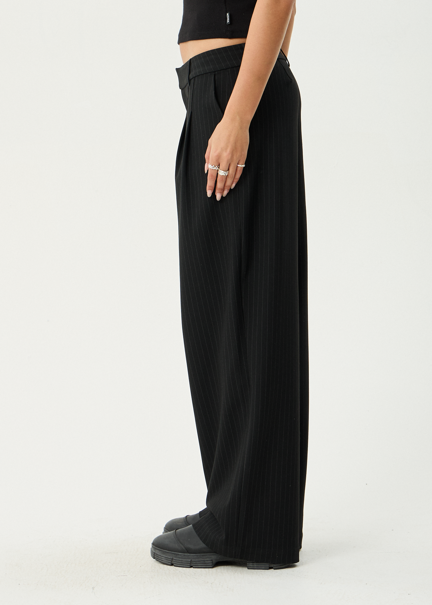 AFENDS Womens Business - Pinstripe Low Rise Trouser - Black