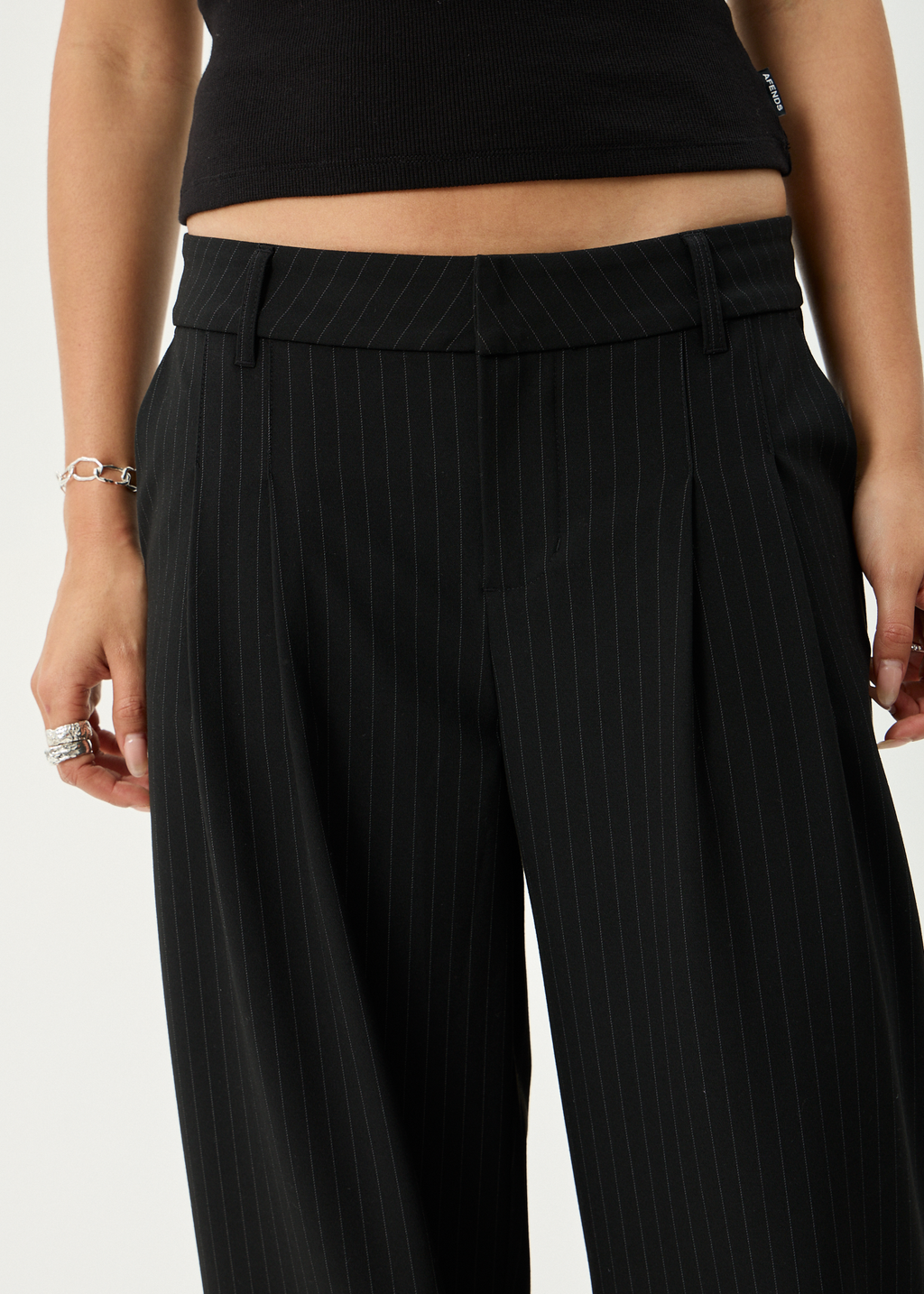 AFENDS Womens Business - Pinstripe Low Rise Trouser - Black