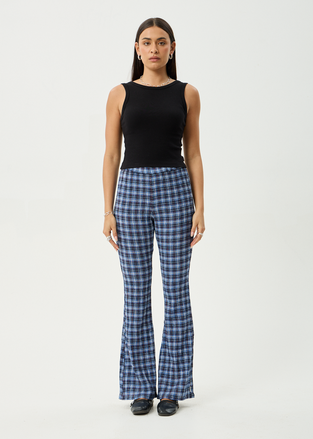 AFENDS Womens Mountains - Seersucker Flare Pant - Navy Red Check