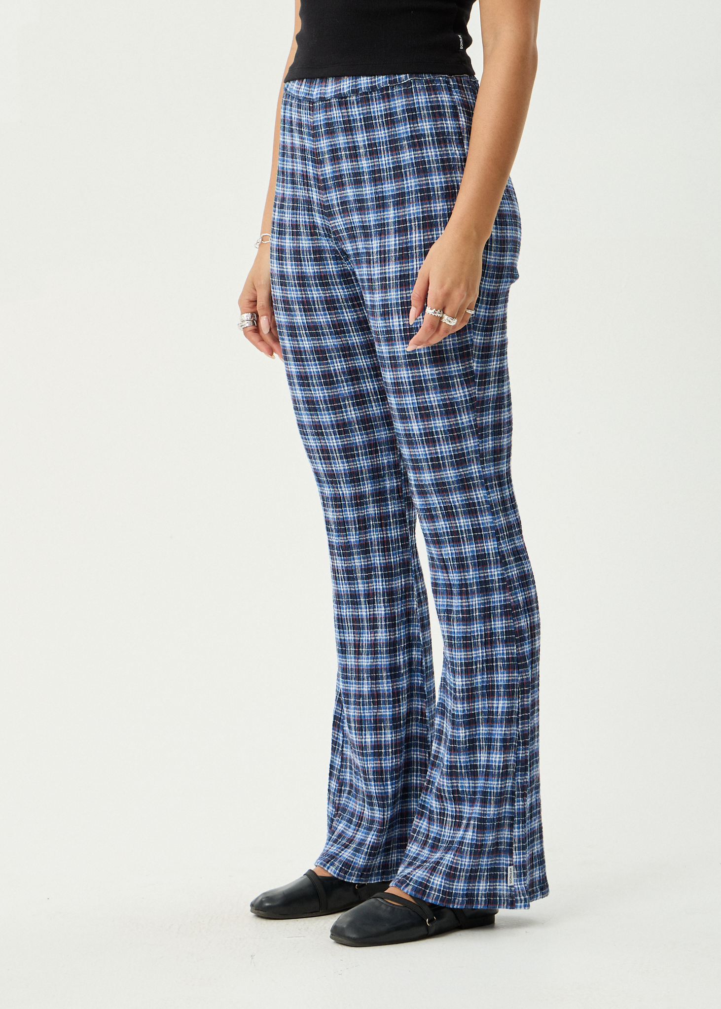 AFENDS Womens Mountains - Seersucker Flare Pant - Navy Red Check