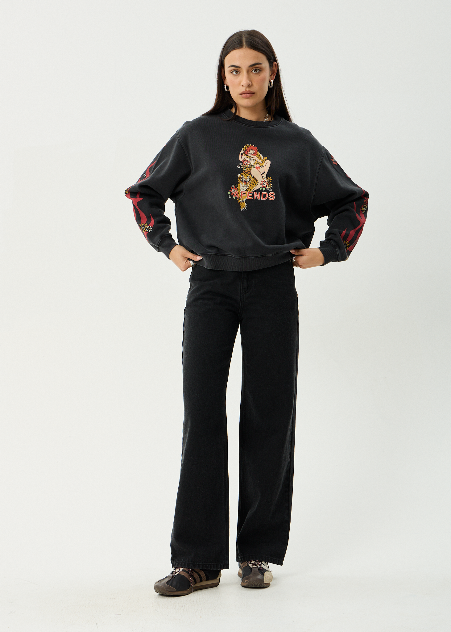 AFENDS Womens Hellcat - Crew Neck Jumper - Stone Black