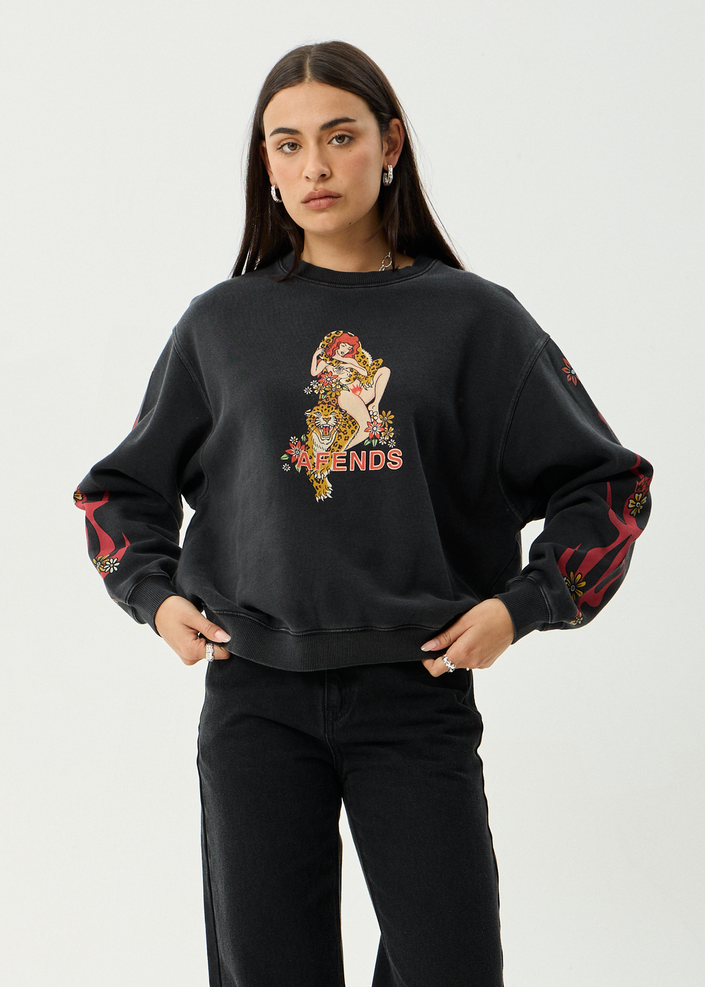 AFENDS Womens Hellcat - Crew Neck - Stone Black