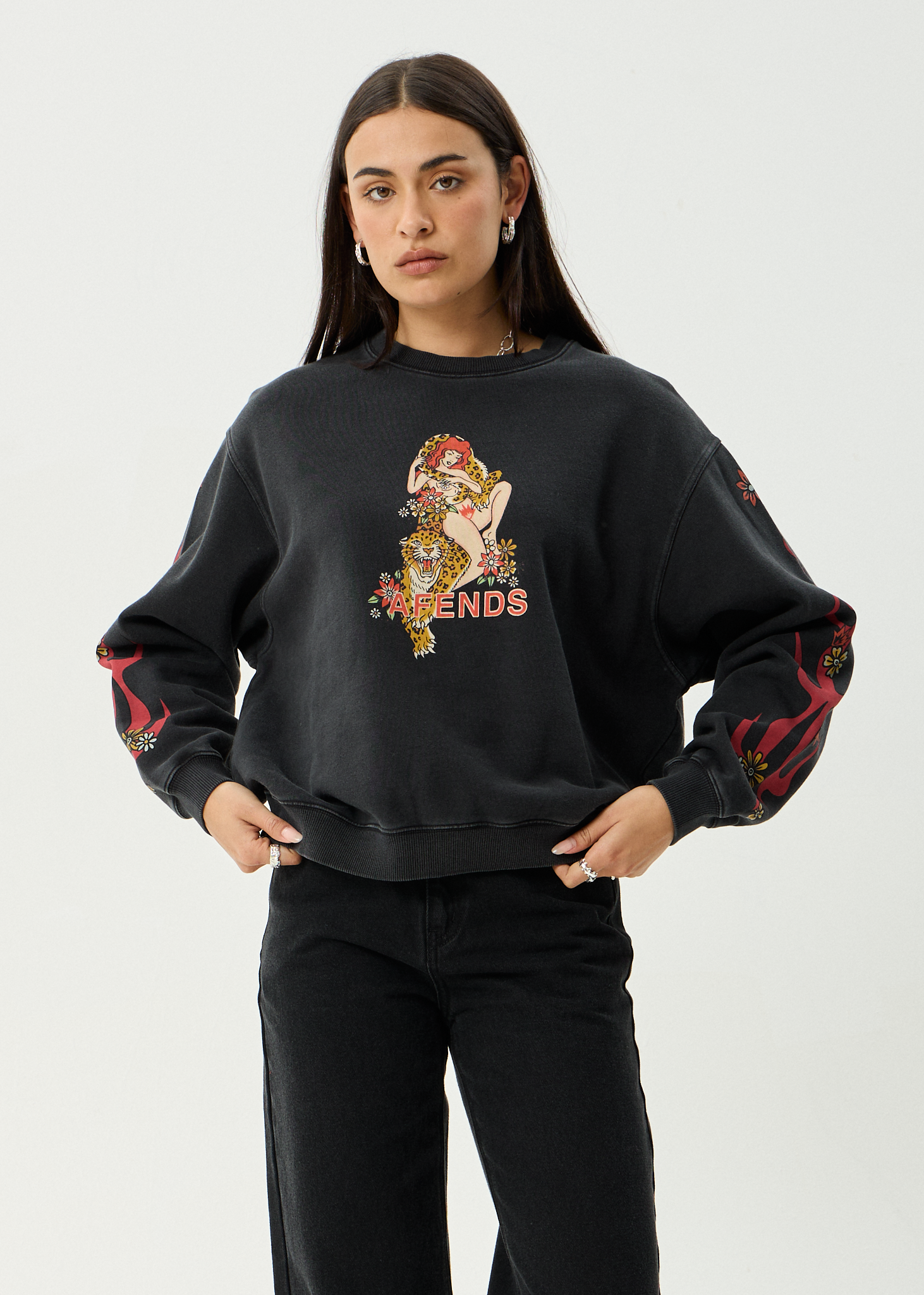 AFENDS Womens Hellcat - Crew Neck Jumper - Stone Black