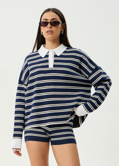AFENDS Womens Delta - Knit Shirt - Navy Stripe