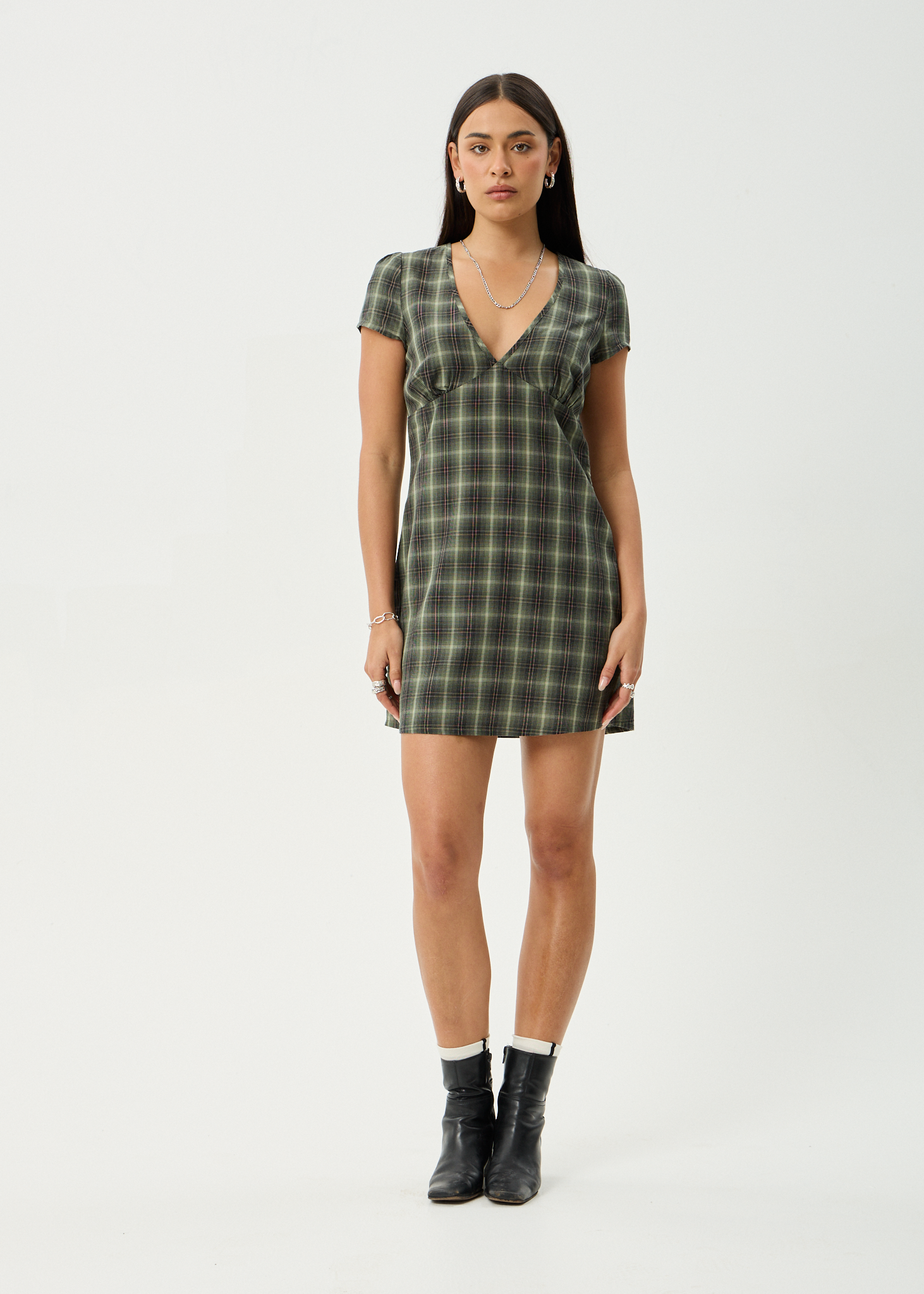 AFENDS Womens Jonah - Mini Dress - Deep Olive Check