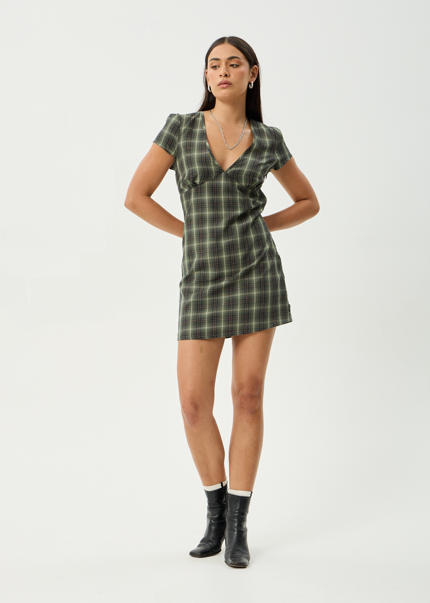 AFENDS Womens Jonah - Mini Dress - Deep Olive Check