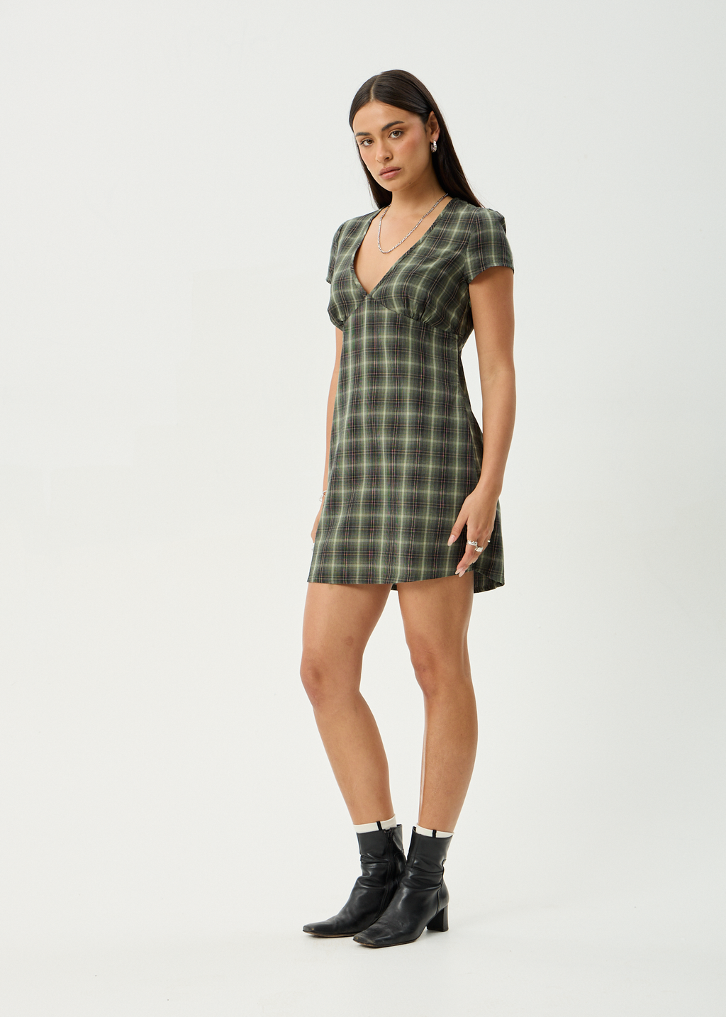AFENDS Womens Jonah - Mini Dress - Deep Olive Check