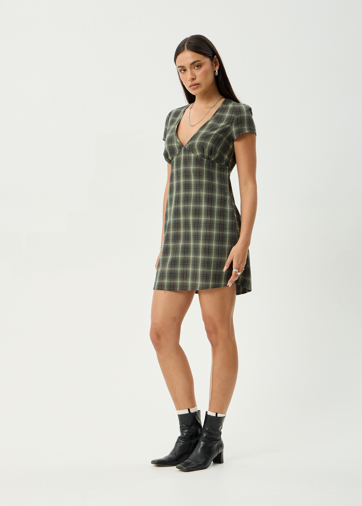 AFENDS Womens Jonah - Mini Dress - Deep Olive Check