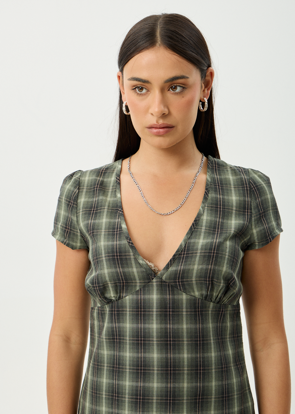 AFENDS Womens Jonah - Mini Dress - Deep Olive Check