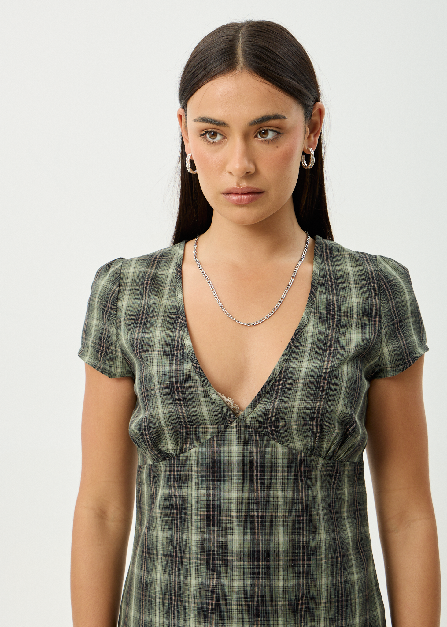 AFENDS Womens Jonah - Mini Dress - Deep Olive Check