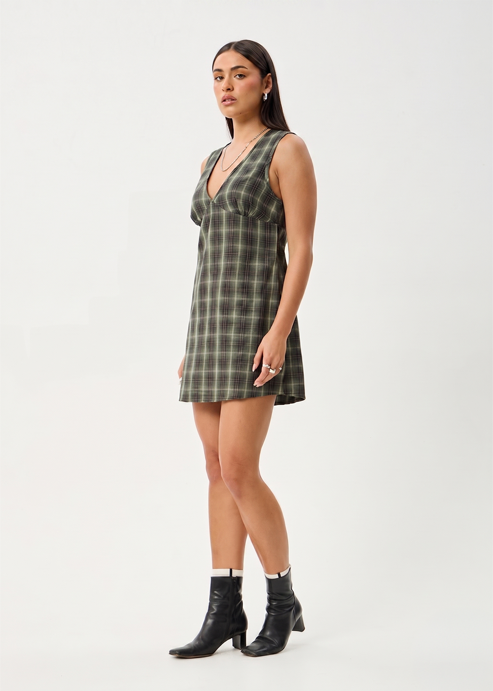 AFENDS Womens Jonah - Mini Dress - Deep Olive Check