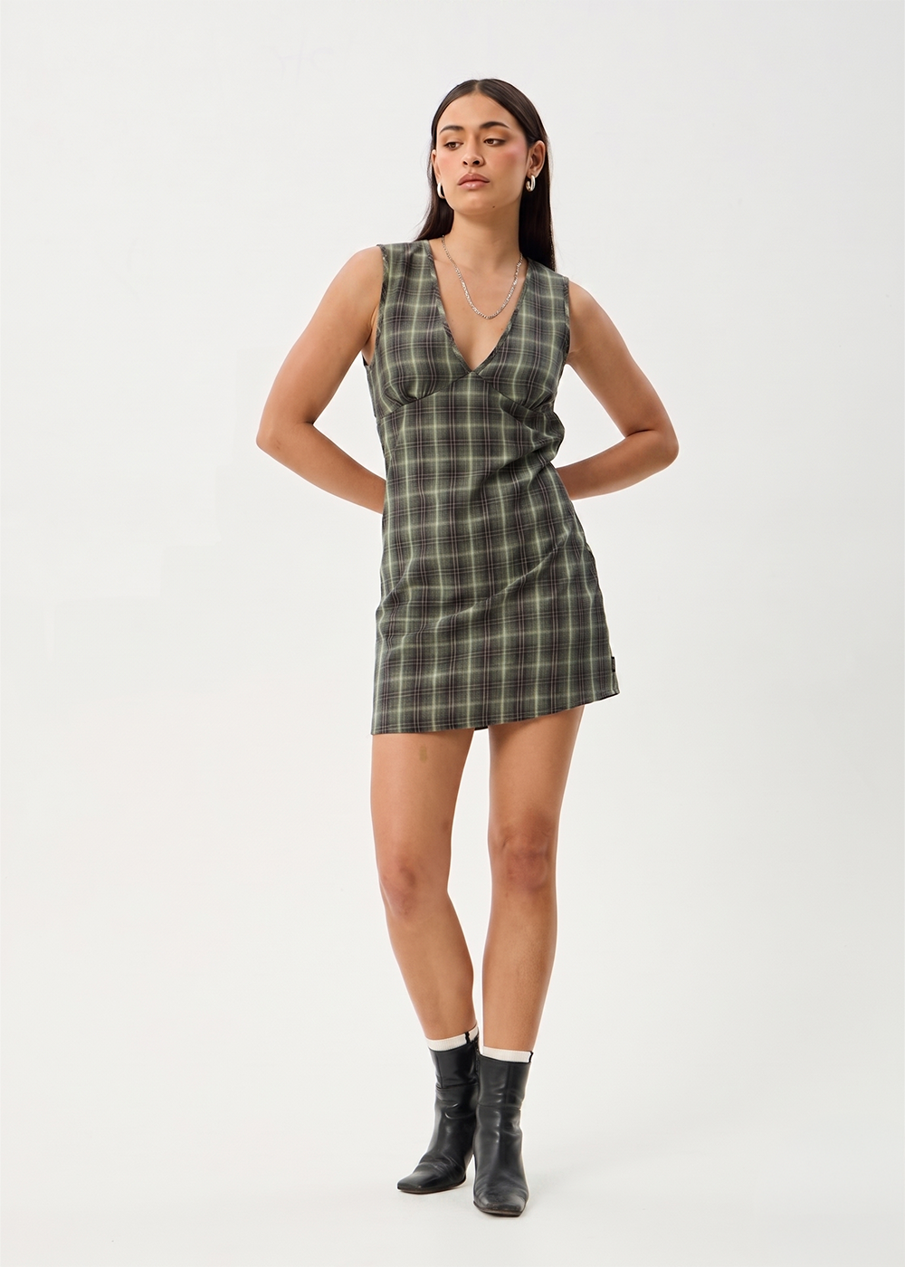 AFENDS Womens Jonah - Mini Dress - Deep Olive Check