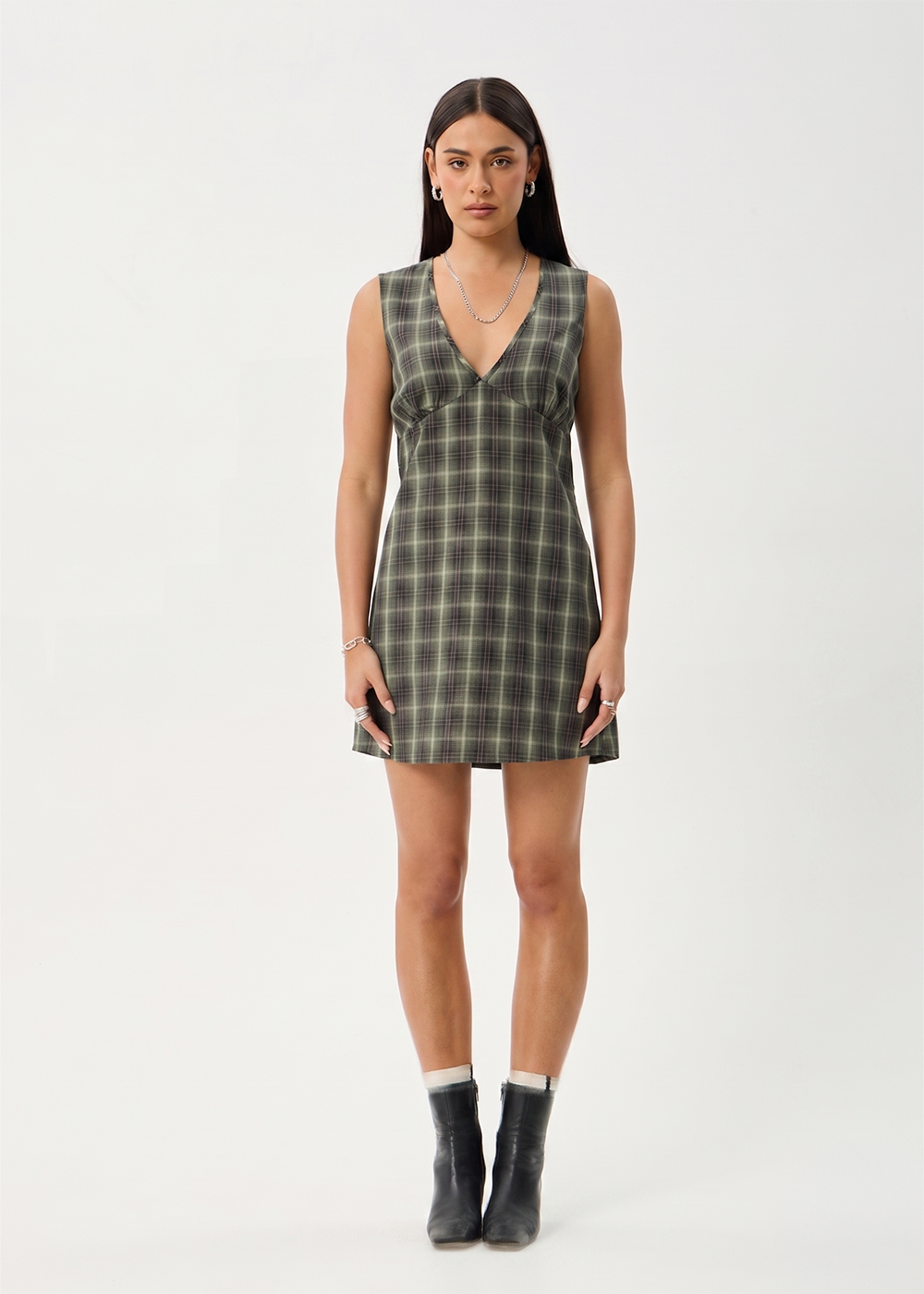 AFENDS Womens Jonah - Mini Dress - Deep Olive Check