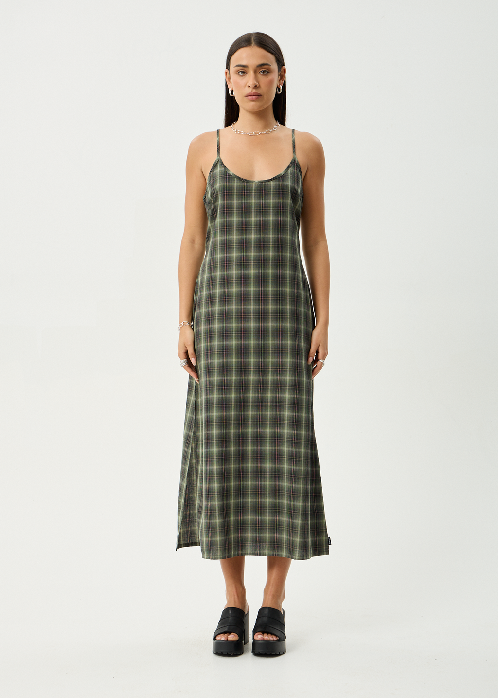 AFENDS Womens Jonah Valley - Maxi Dress - Deep Olive Check