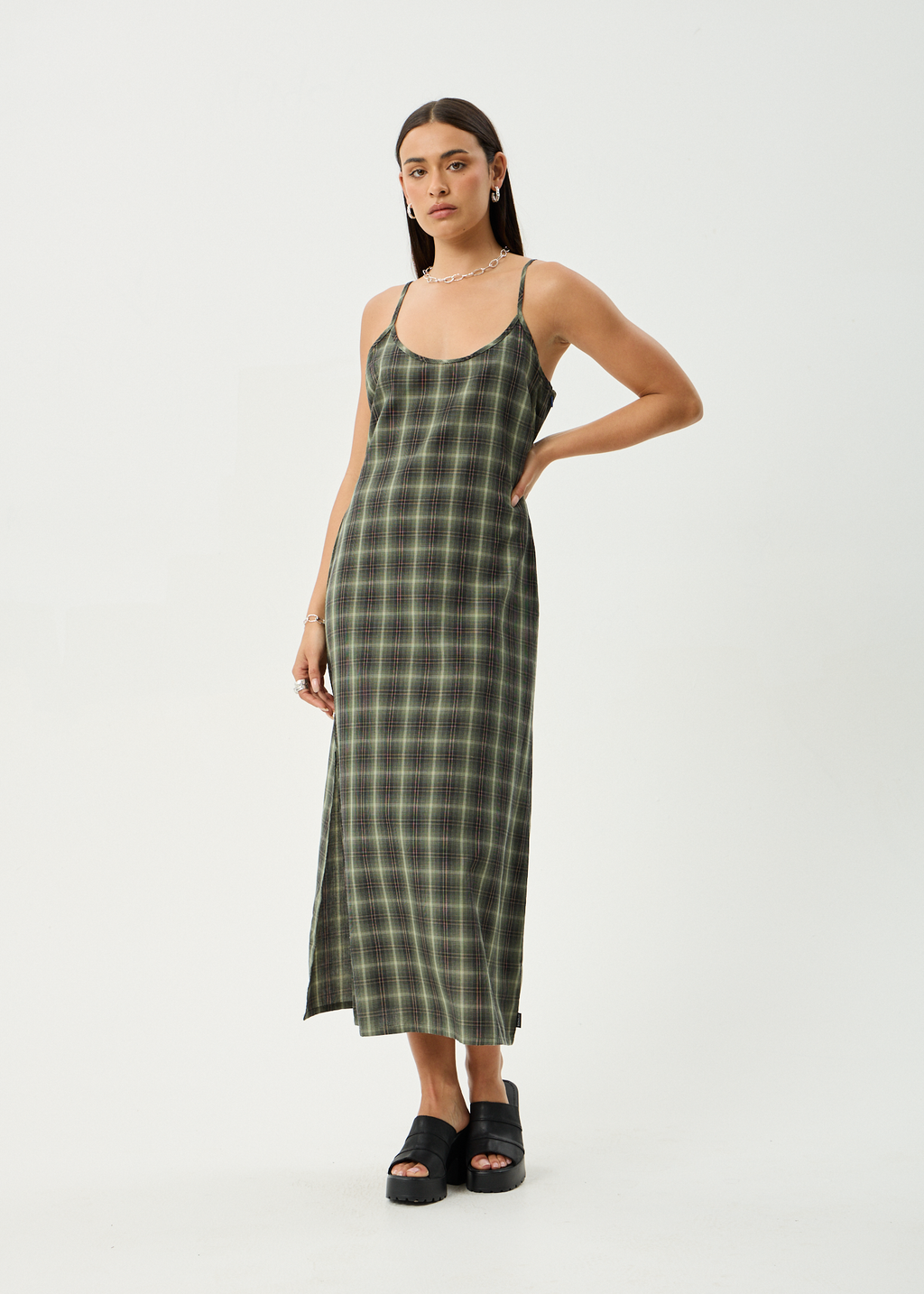 AFENDS Womens Jonah Valley - Maxi Dress - Deep Olive Check