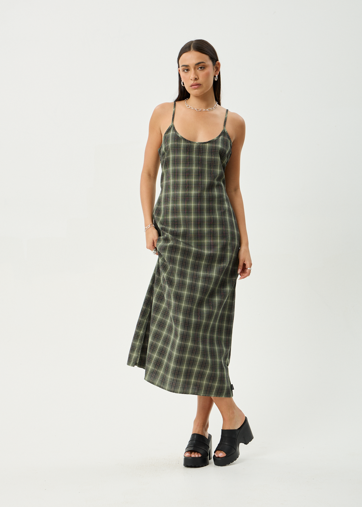 AFENDS Womens Jonah Valley - Maxi Dress - Deep Olive Check