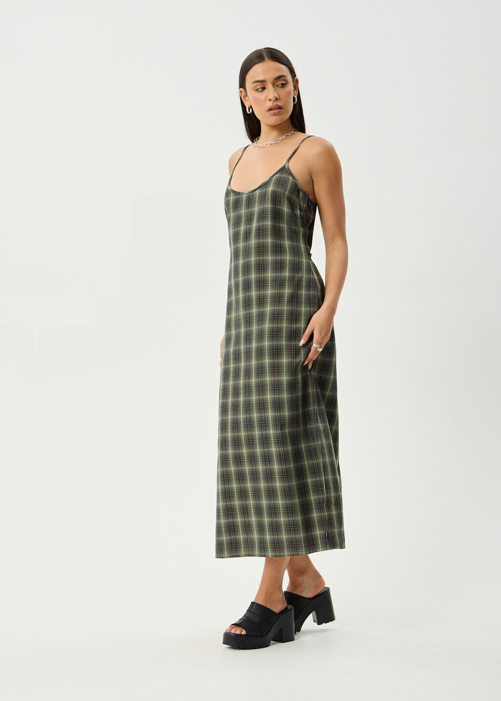AFENDS Womens Jonah Valley - Maxi Dress - Deep Olive Check