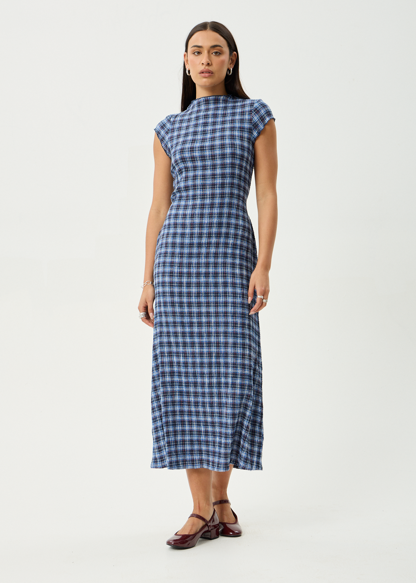 AFENDS Womens Mountains Elodie - Seersucker Midi Dress - Navy Red Check