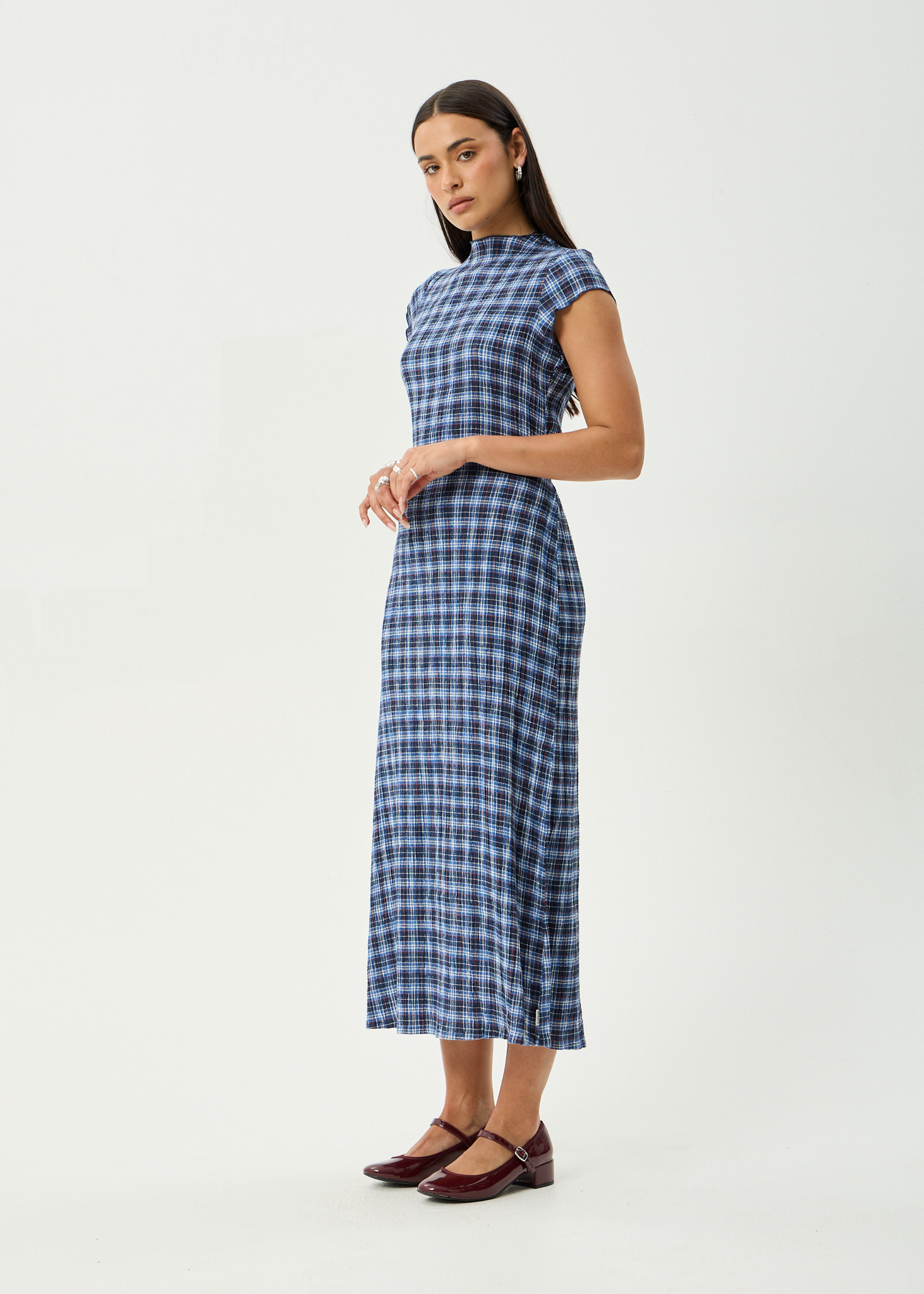 AFENDS Womens Mountains Elodie - Seersucker Midi Dress - Navy Red Check