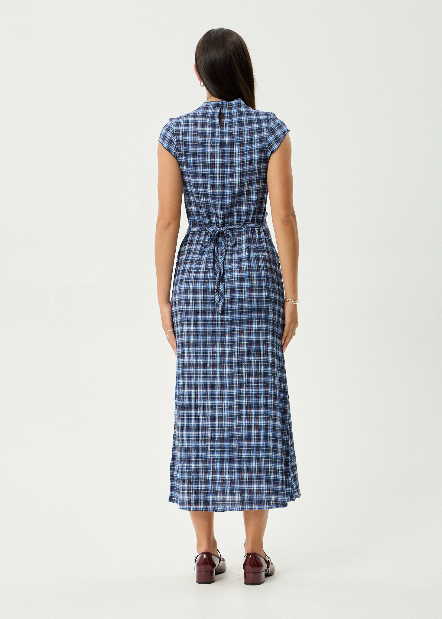 AFENDS Womens Mountains Elodie - Seersucker Midi Dress - Navy Red Check