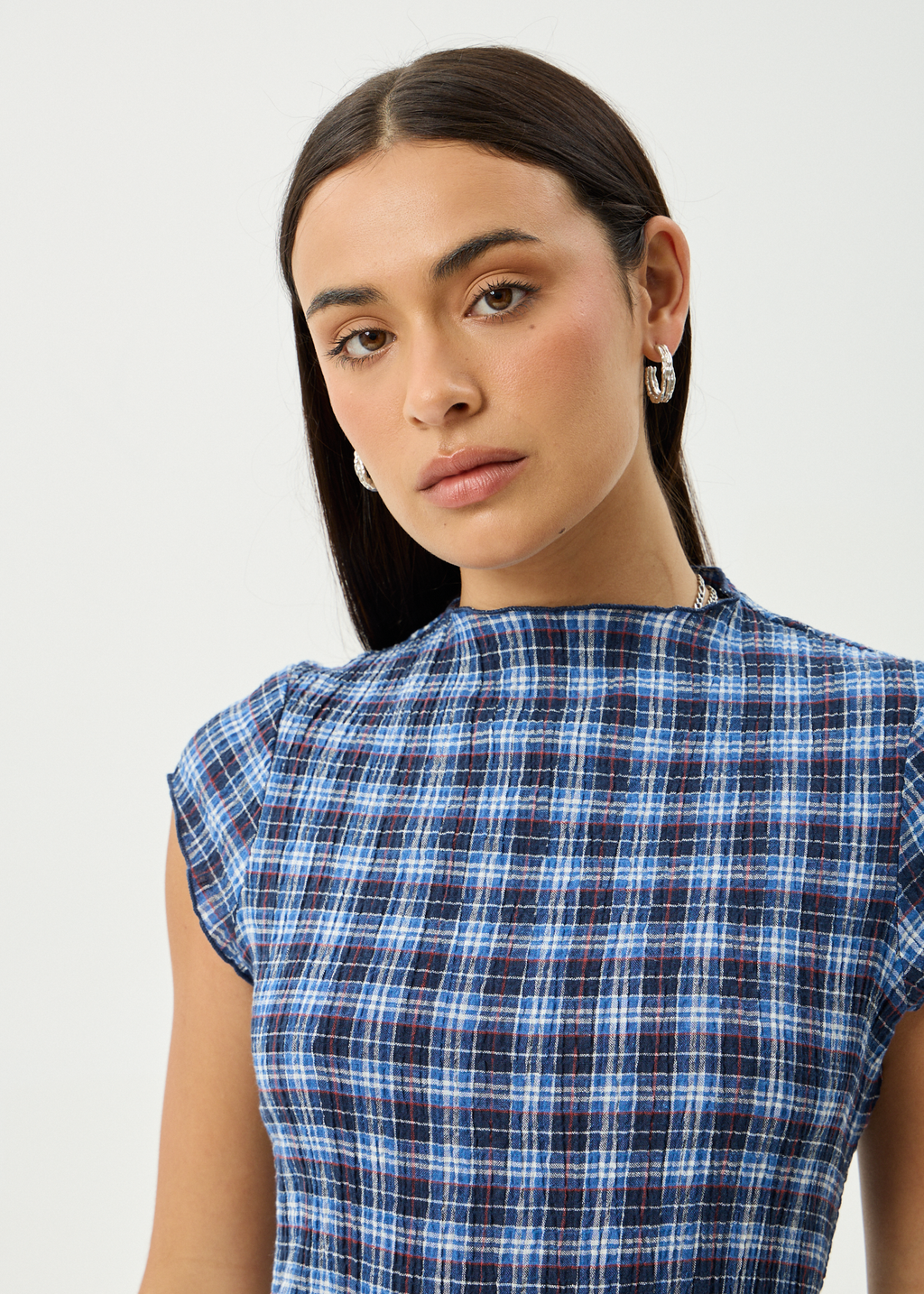 AFENDS Womens Mountains Elodie - Seersucker Midi Dress - Navy Red Check