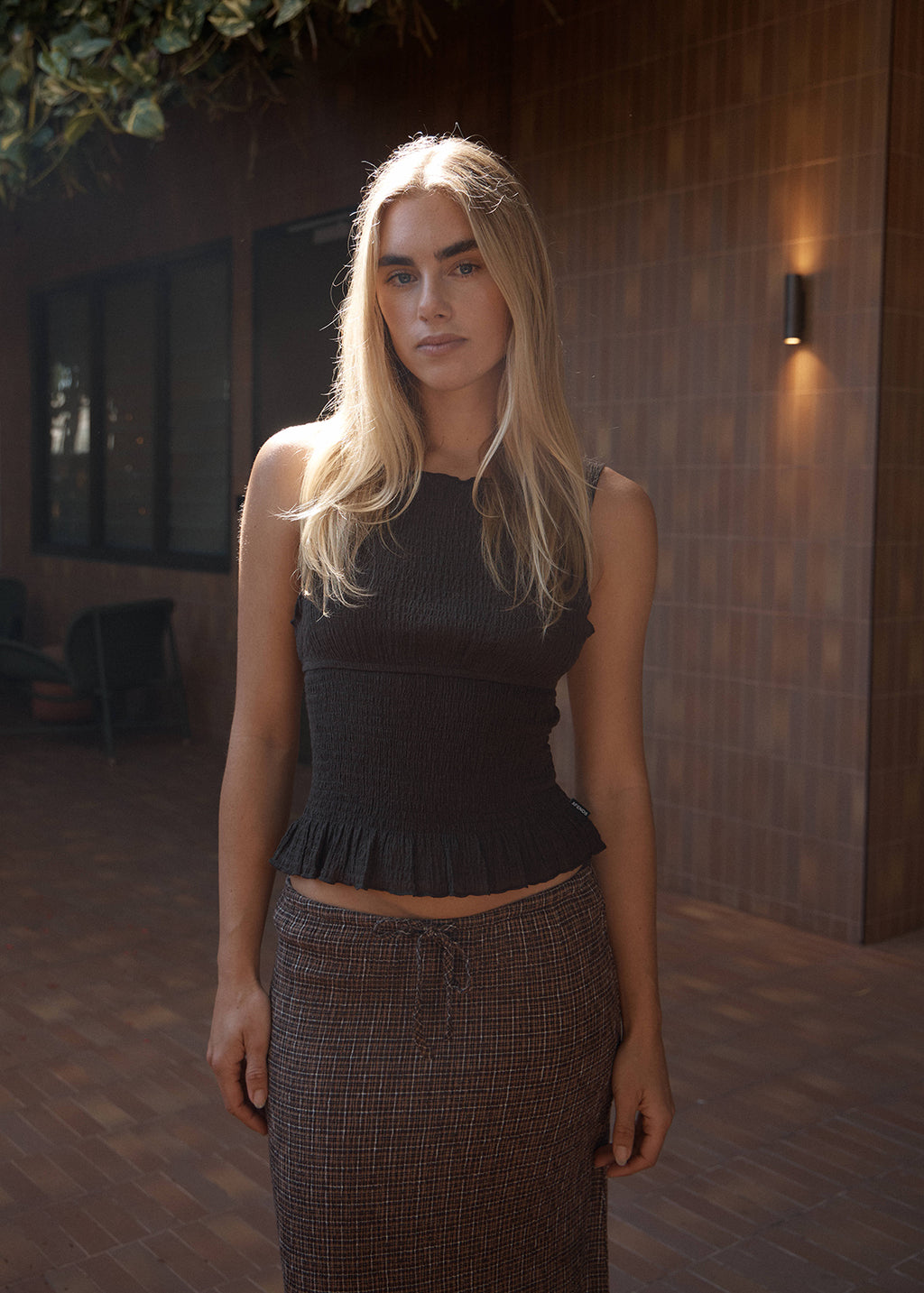 AFENDS Cedar - Seersucker Sleeveless Top - Coffee
