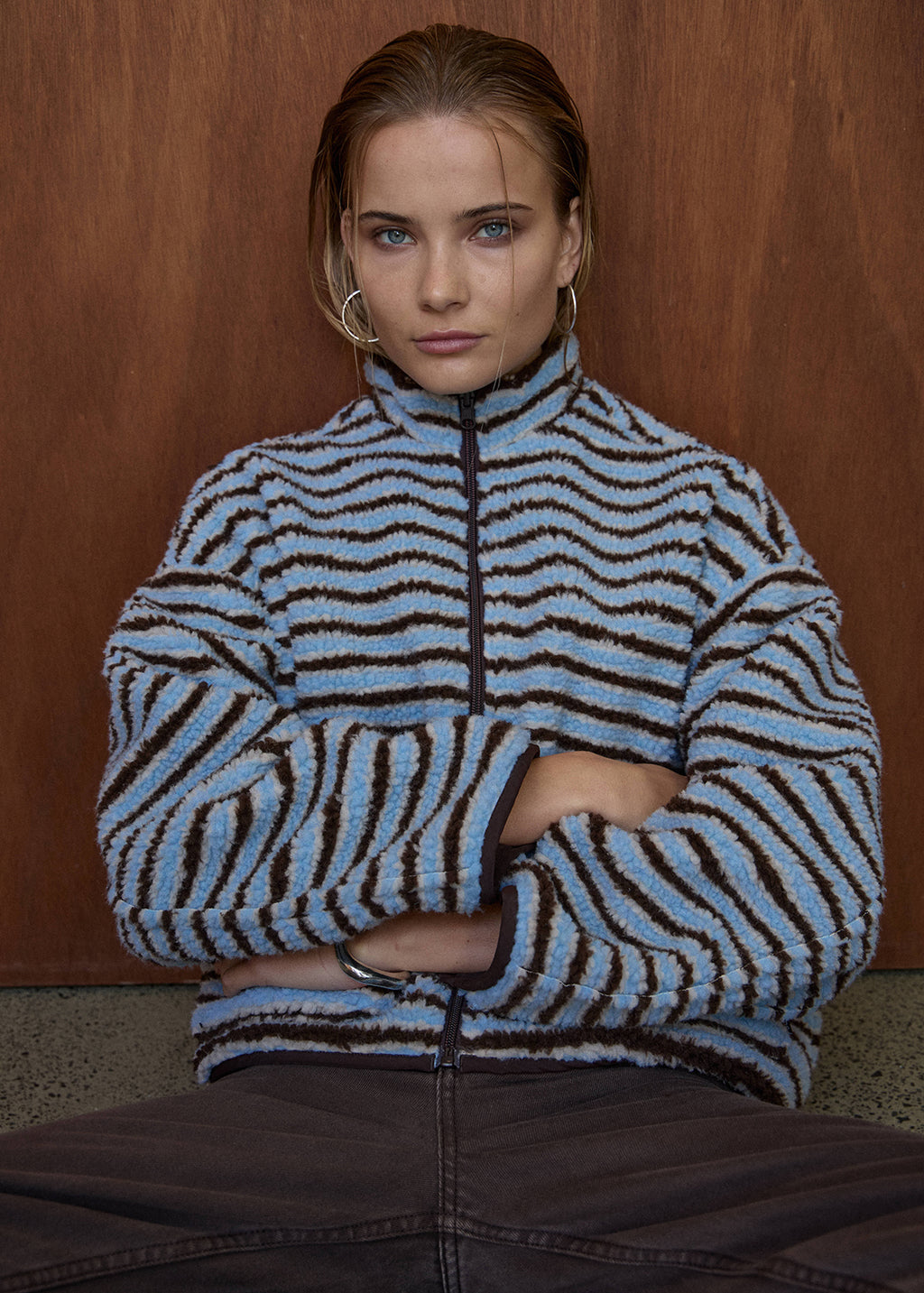 AFENDS Womens Berlin - Reversible Polar Fleece Jacket - Coffee / Blue Stripe
