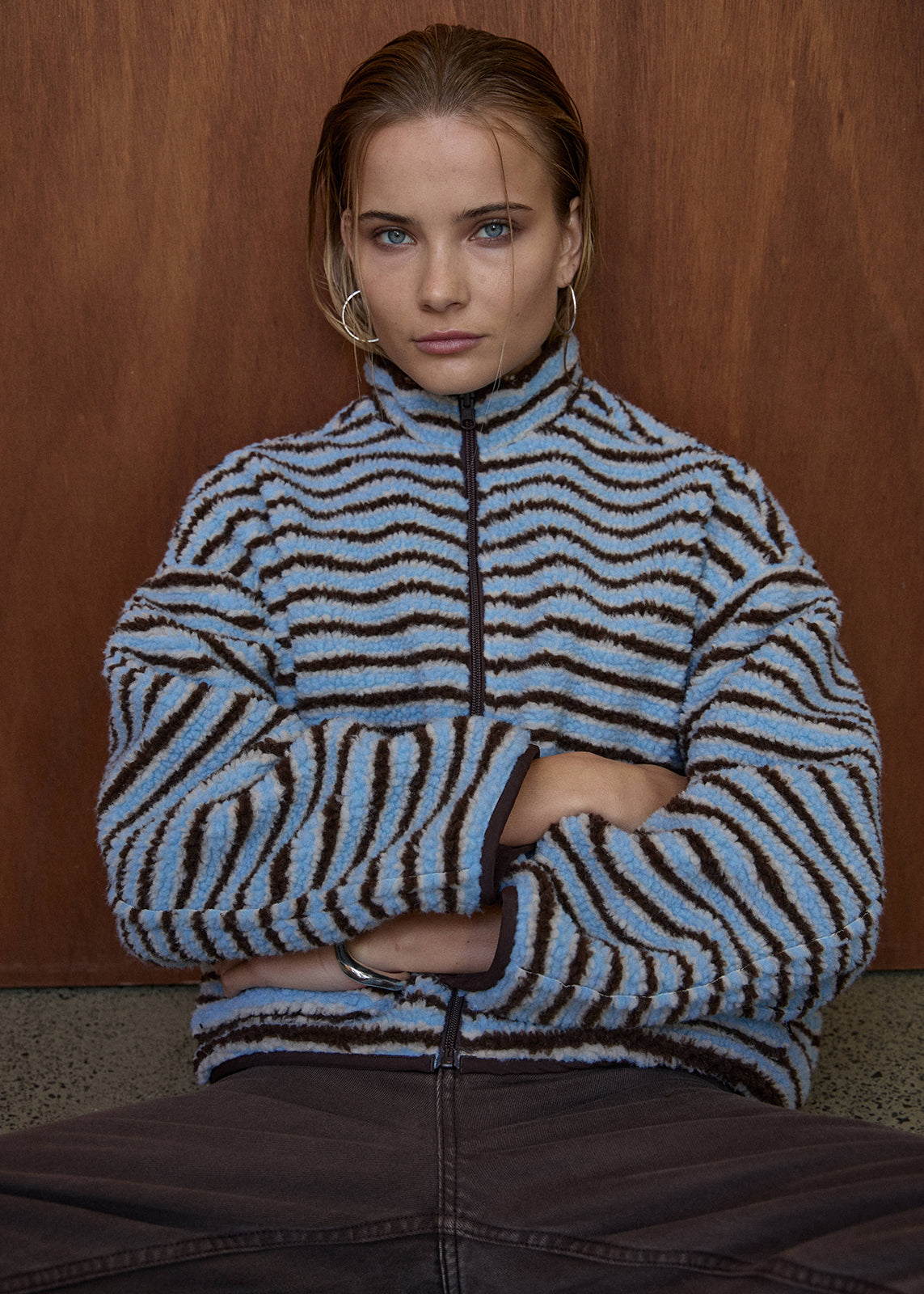 AFENDS Womens Berlin - Reversible Polar Fleece Jacket - Coffee / Blue Stripe