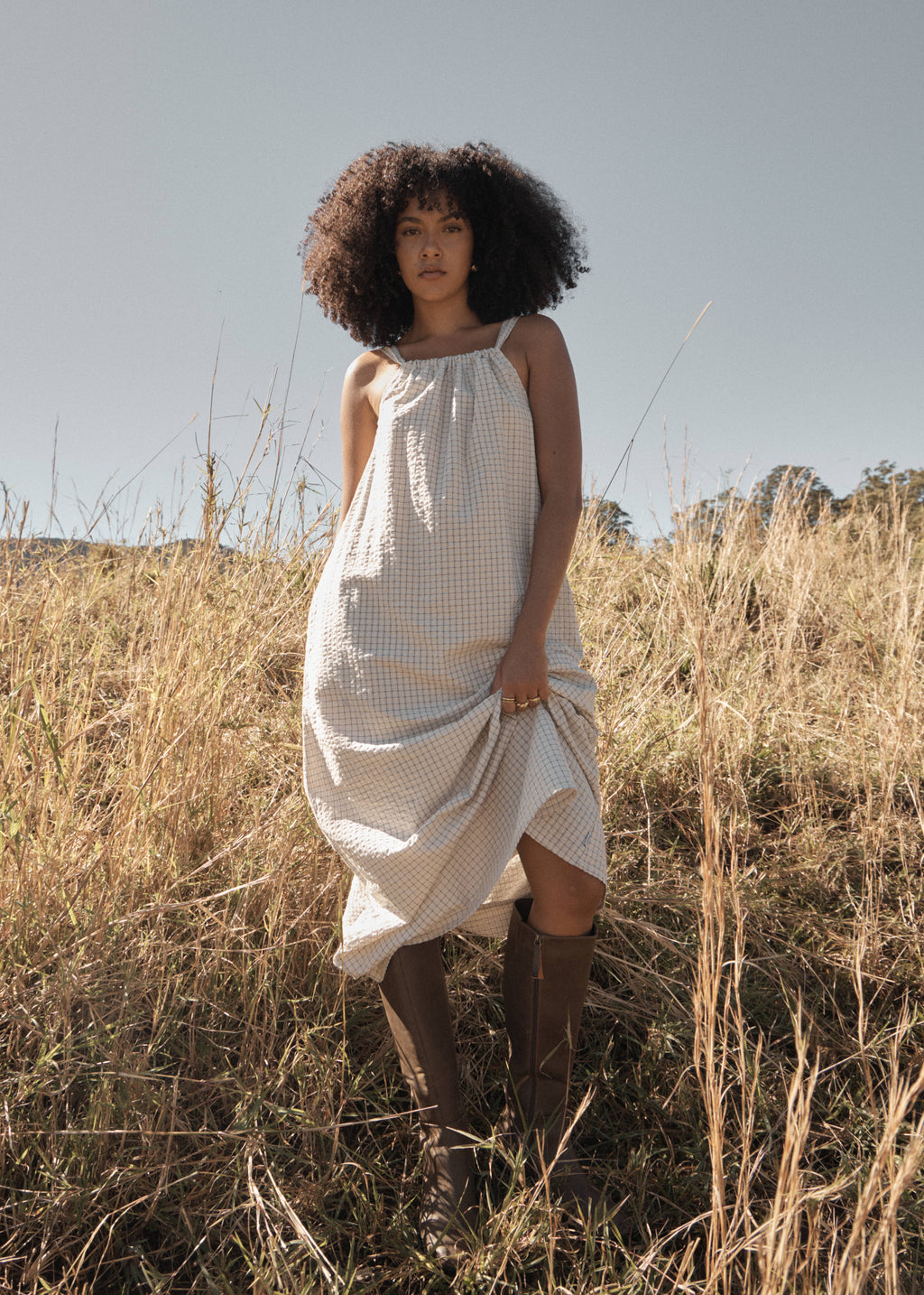 AFENDS Womens Vania - Seersucker Maxi Dress - Reverb Moonbeam Check