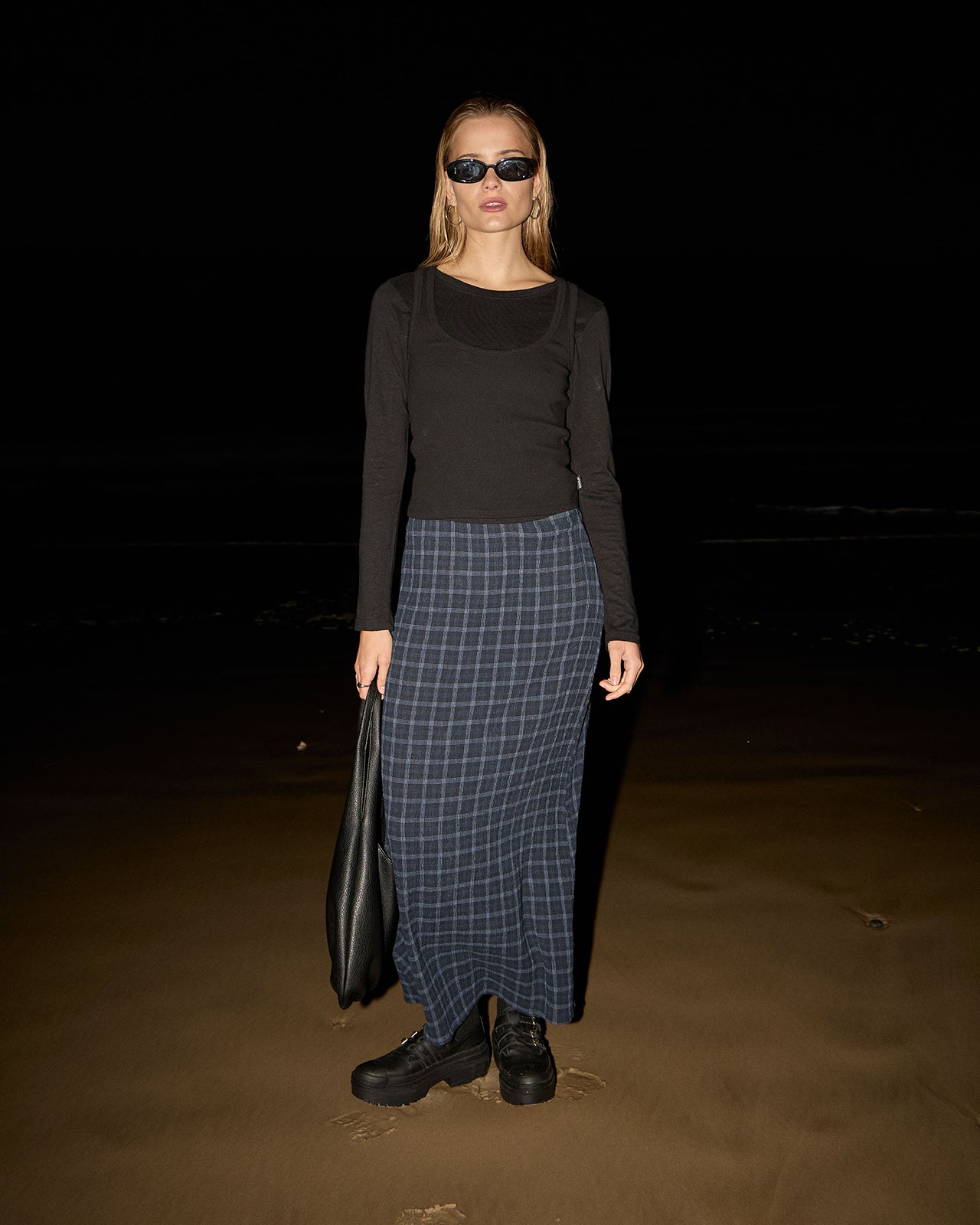 AFENDS Womens Lita - Seersucker Maxi Skirt - Thea Midnight Check