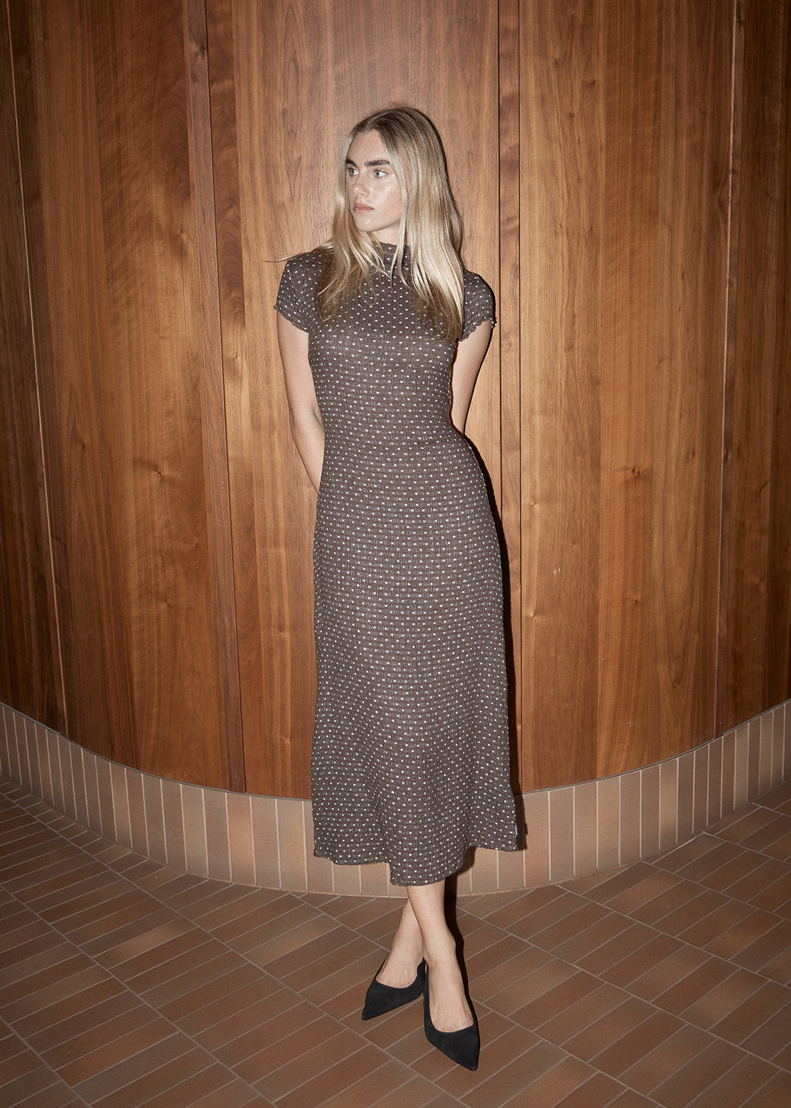 AFENDS Womens Elodie - Seersucker Midi Dress - Coffee Polka Dot