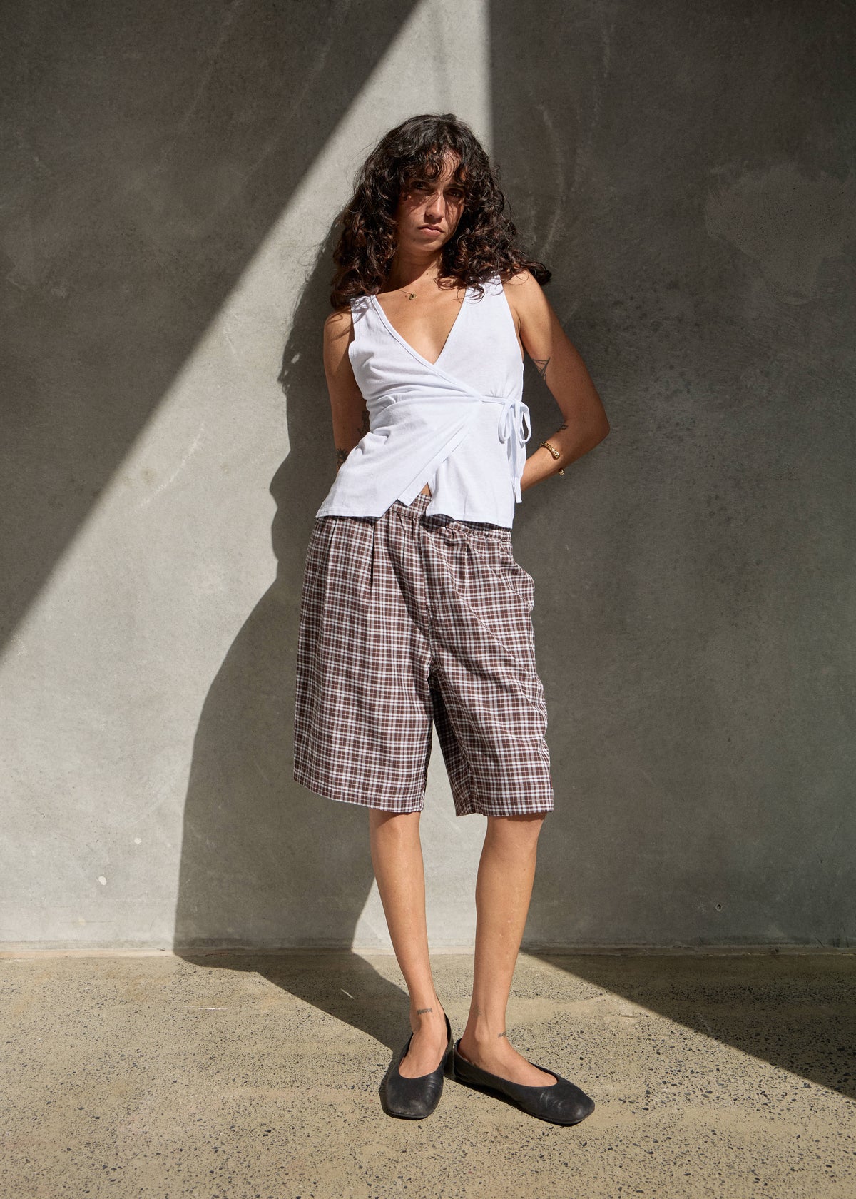AFENDS Ninety Eight Leisure - Elastic Shorts 22" - Brown / Blue Check