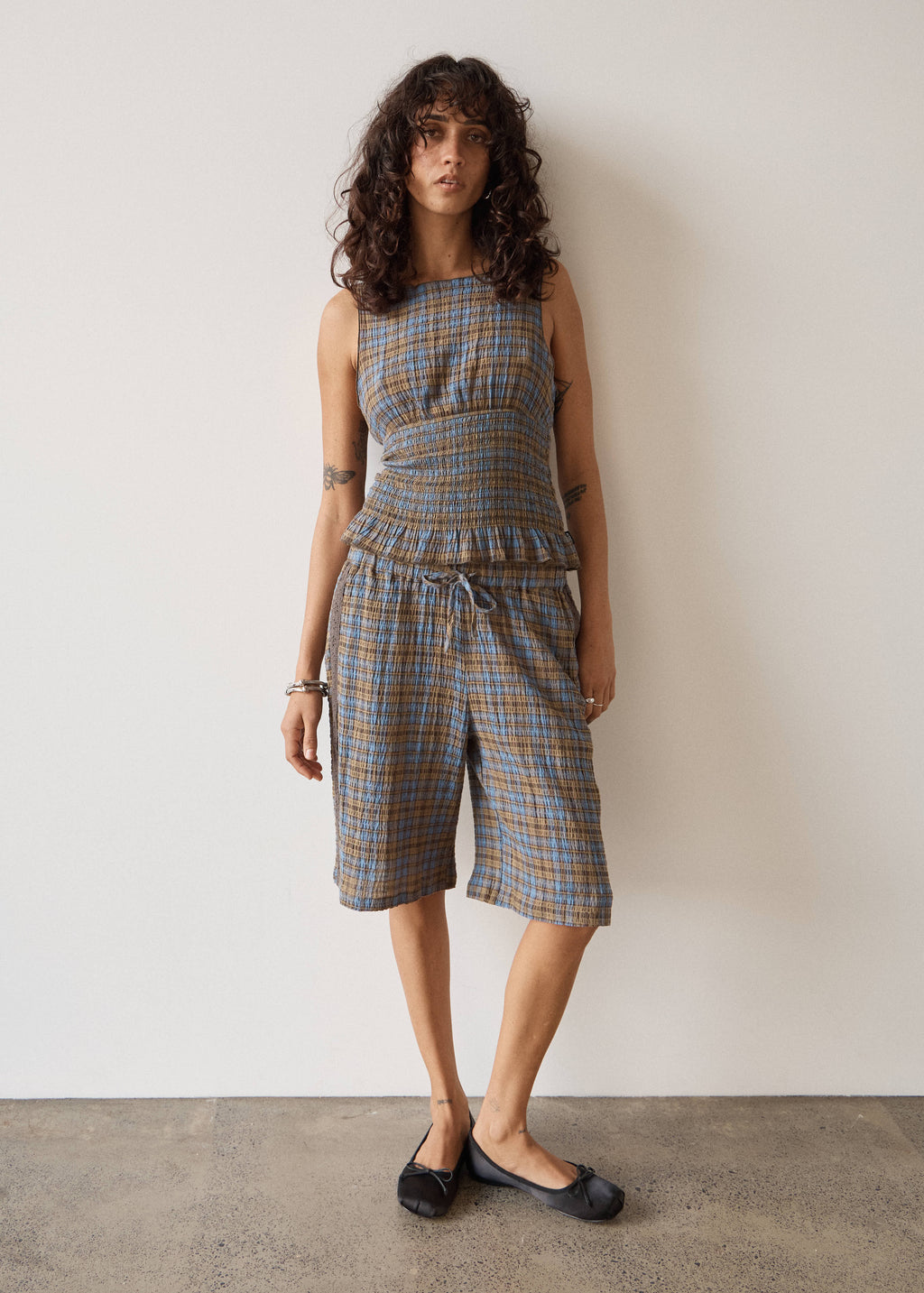 AFENDS Alexa - Longline Short - Cedar / Blue Check