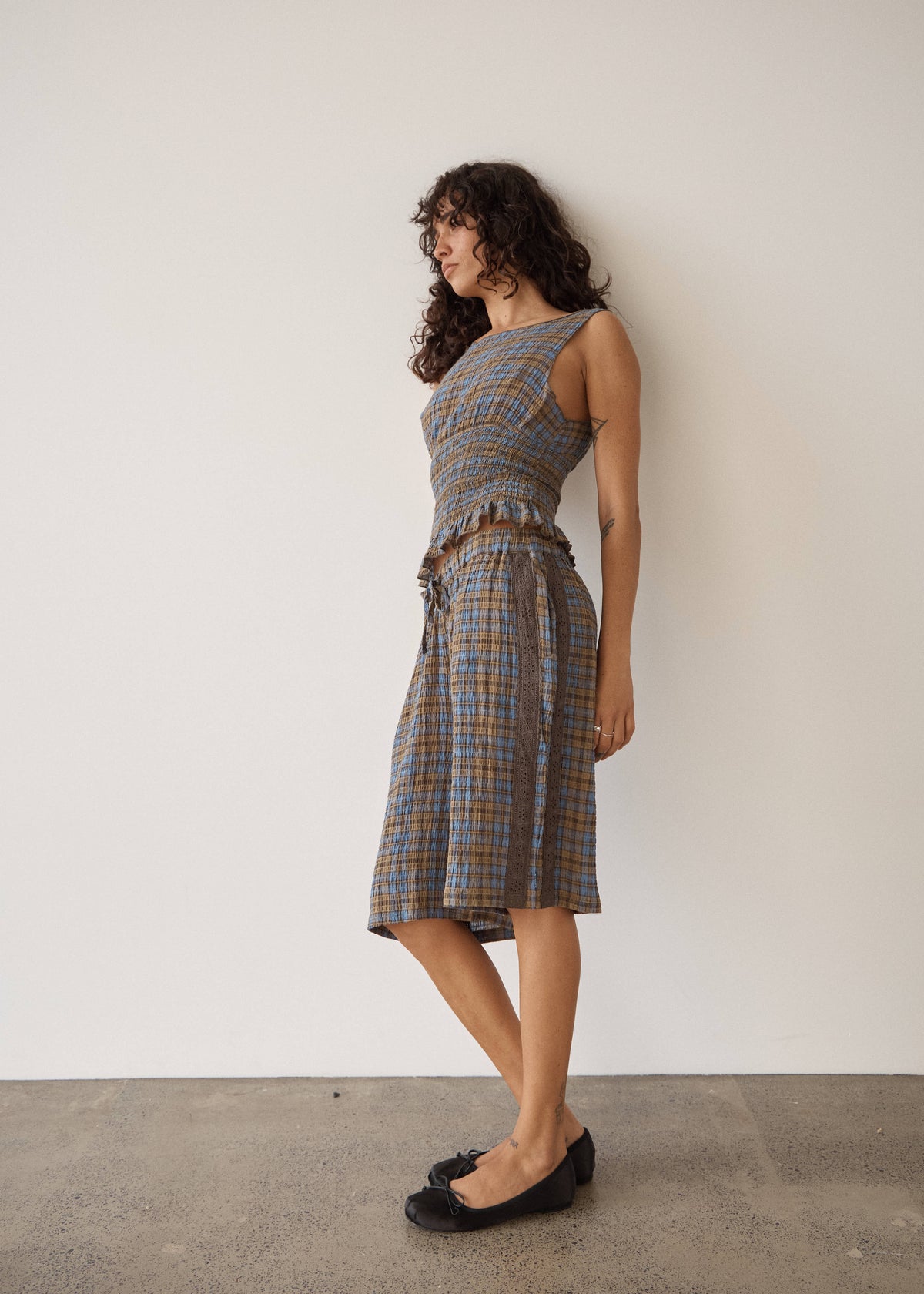 AFENDS Alexa - Longline Short - Cedar / Blue Check