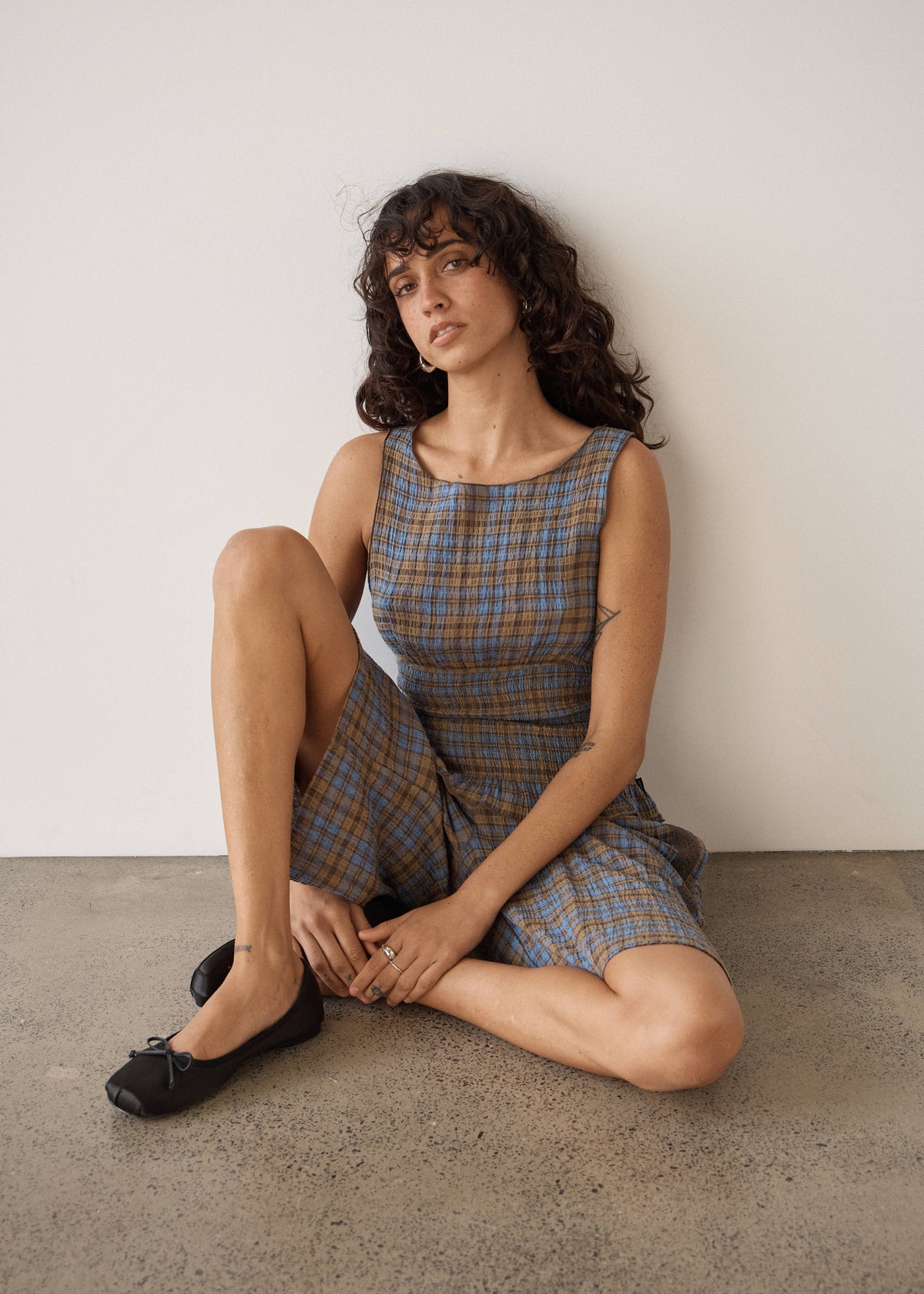 AFENDS Cedar - Seersucker Sleeveless Top - Cedar / Blue Check