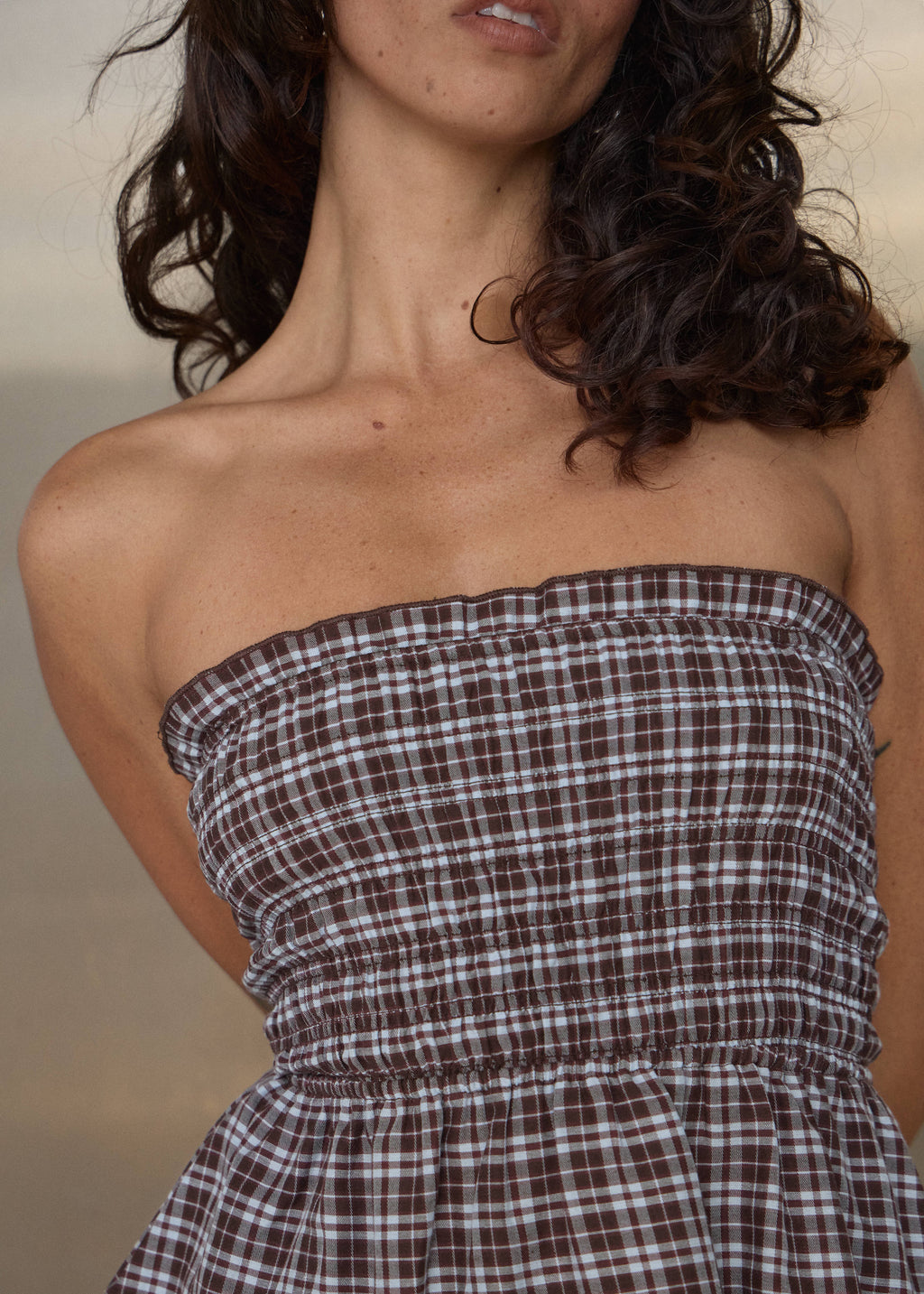 AFENDS Tiff - Strapless Top - Brown / Blue Check