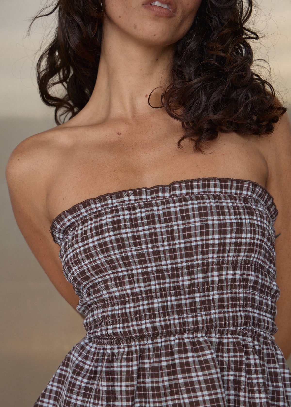 AFENDS Tiff - Strapless Top - Brown / Blue Check