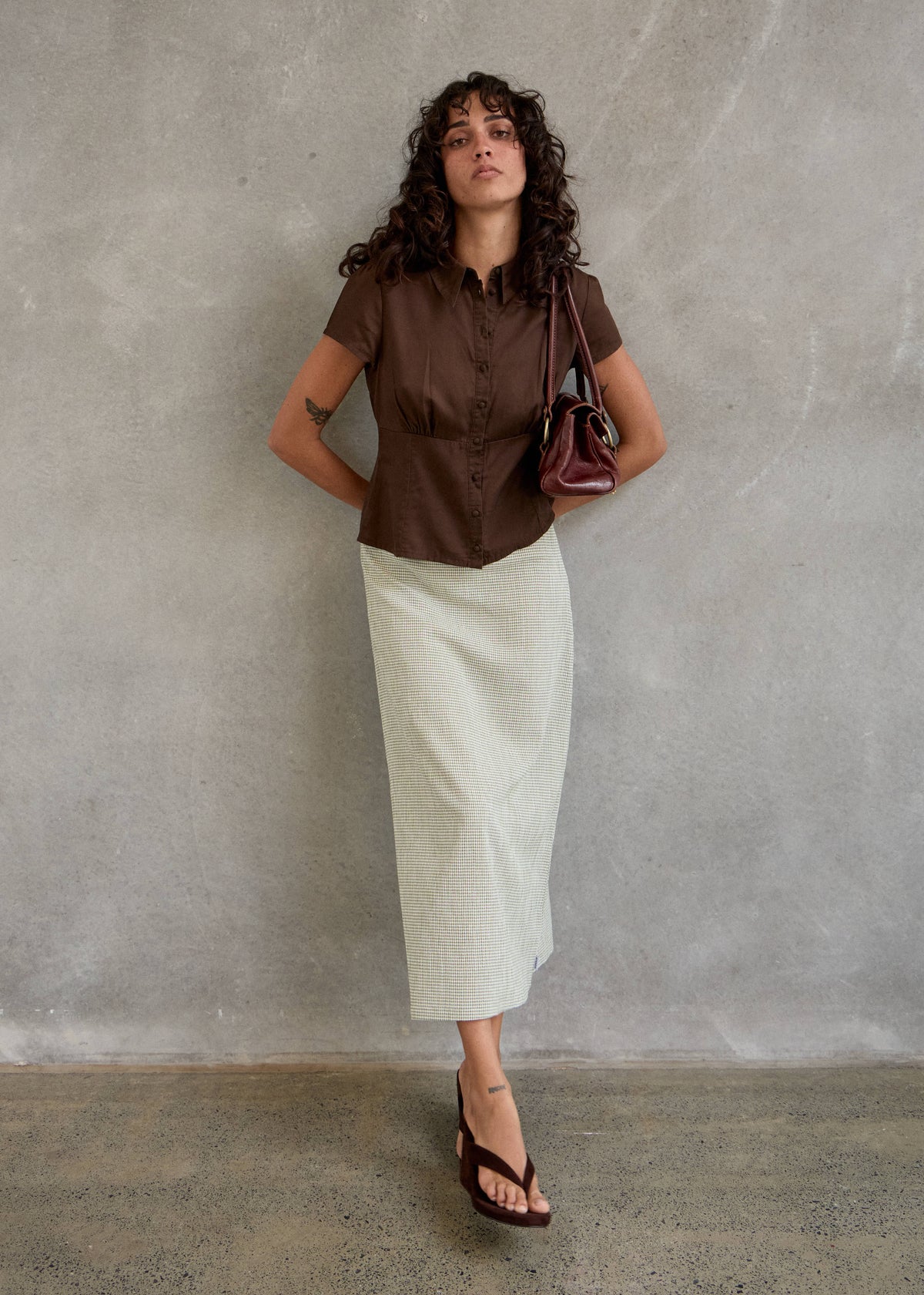 AFENDS Lark - Midi Skirt - Sage Check
