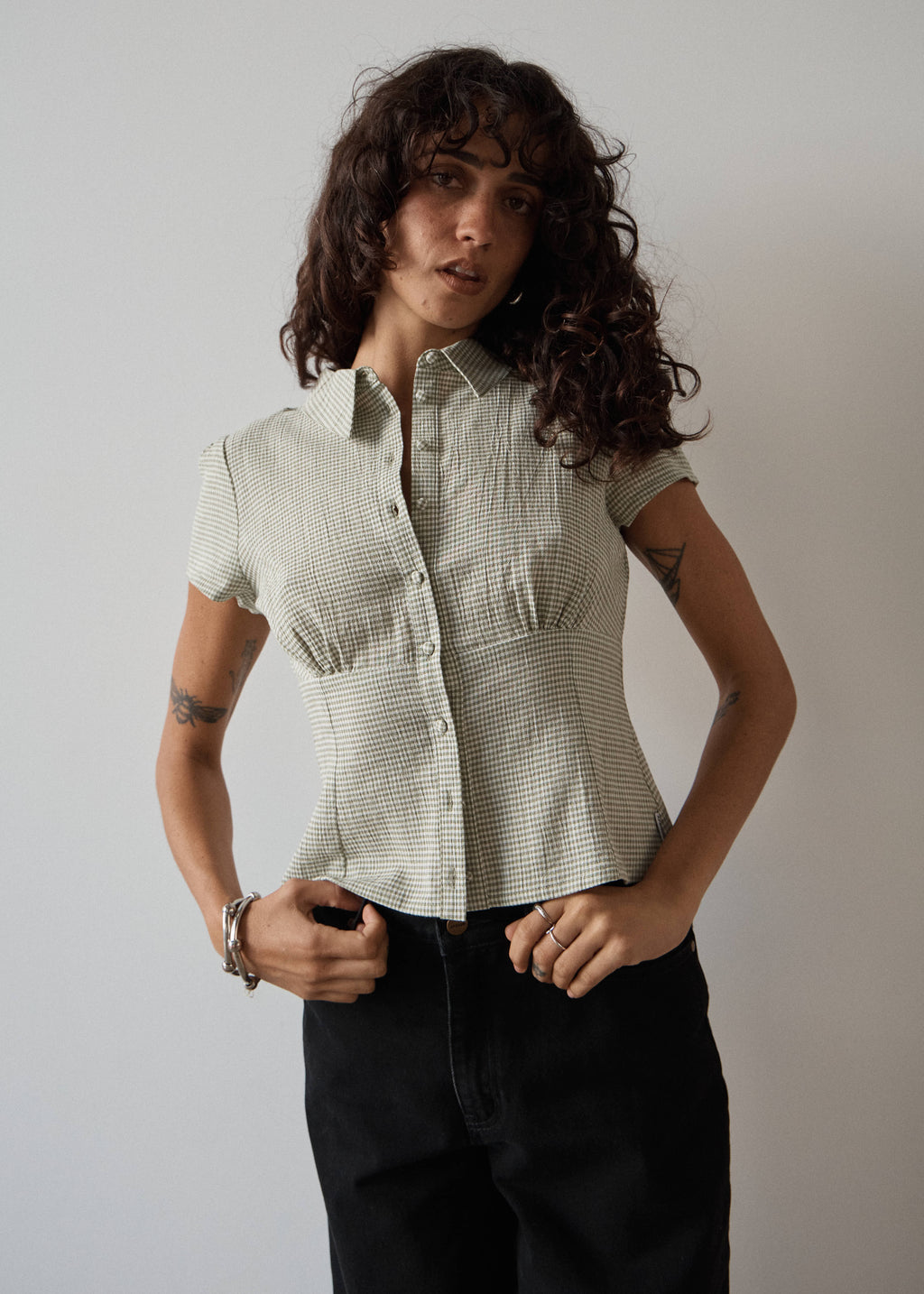 AFENDS Evie - Short Sleeve Shirt - Sage Check