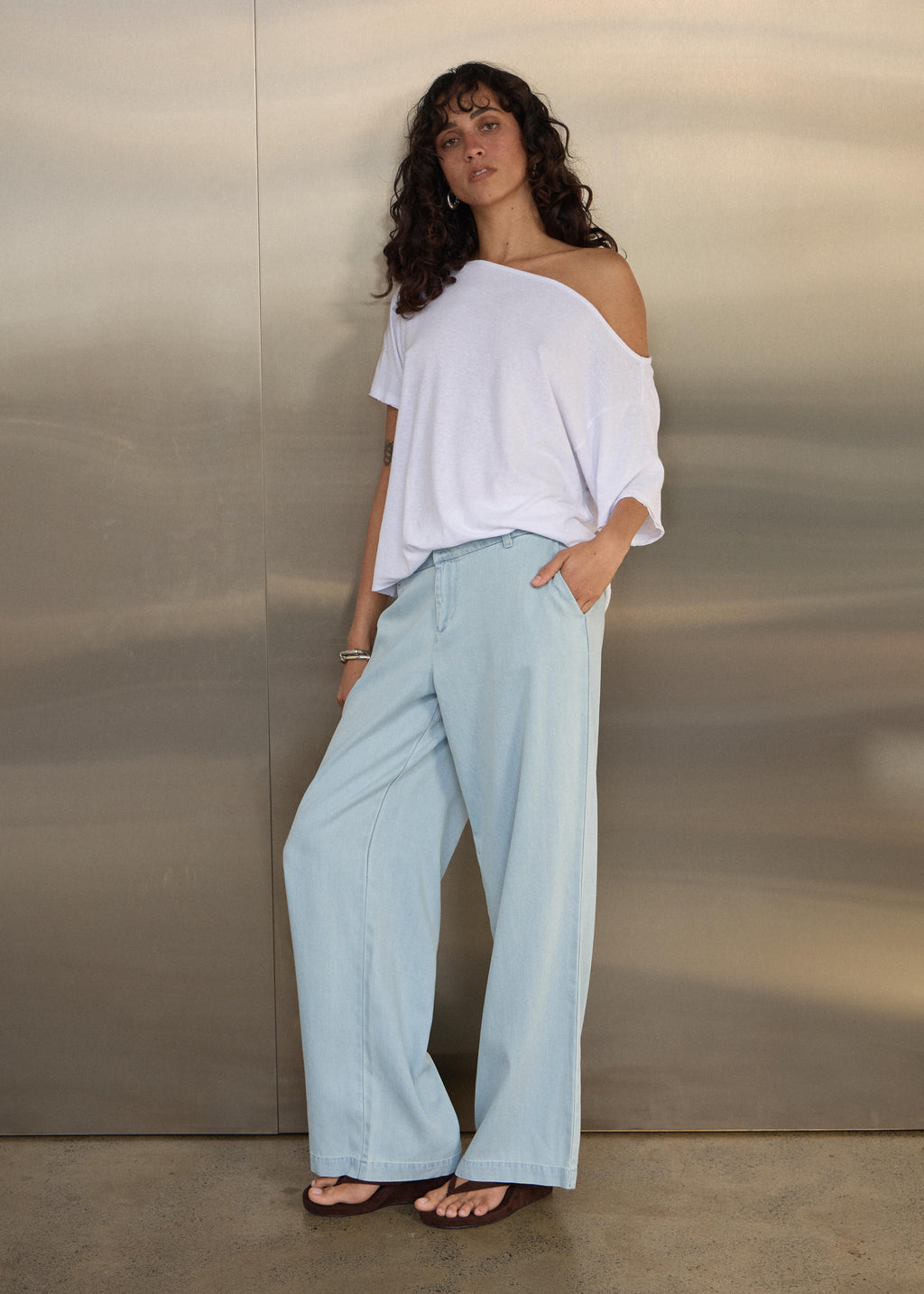 AFENDS Martu - Chambray Low Rise Pant - Light Blue